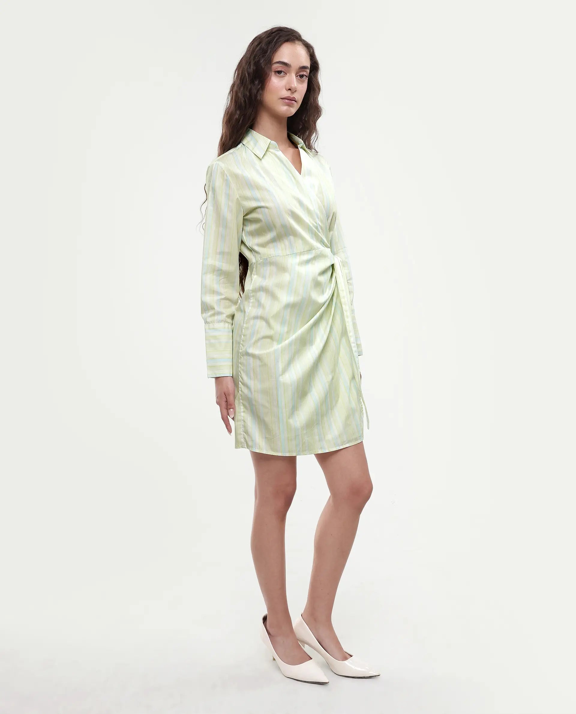 Rareism Women's Pregun Multi Cotton Johnny Collar Striped Mini Straight Fit Dress