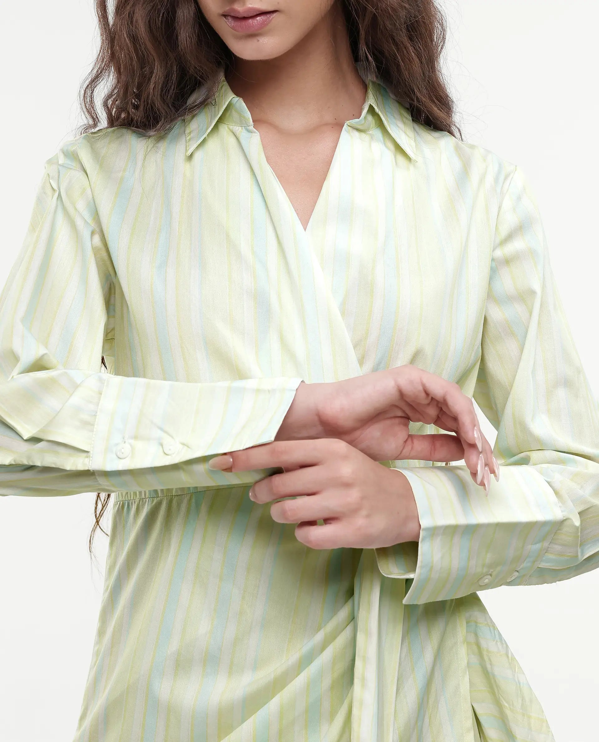 Rareism Women's Pregun Multi Cotton Johnny Collar Striped Mini Straight Fit Dress