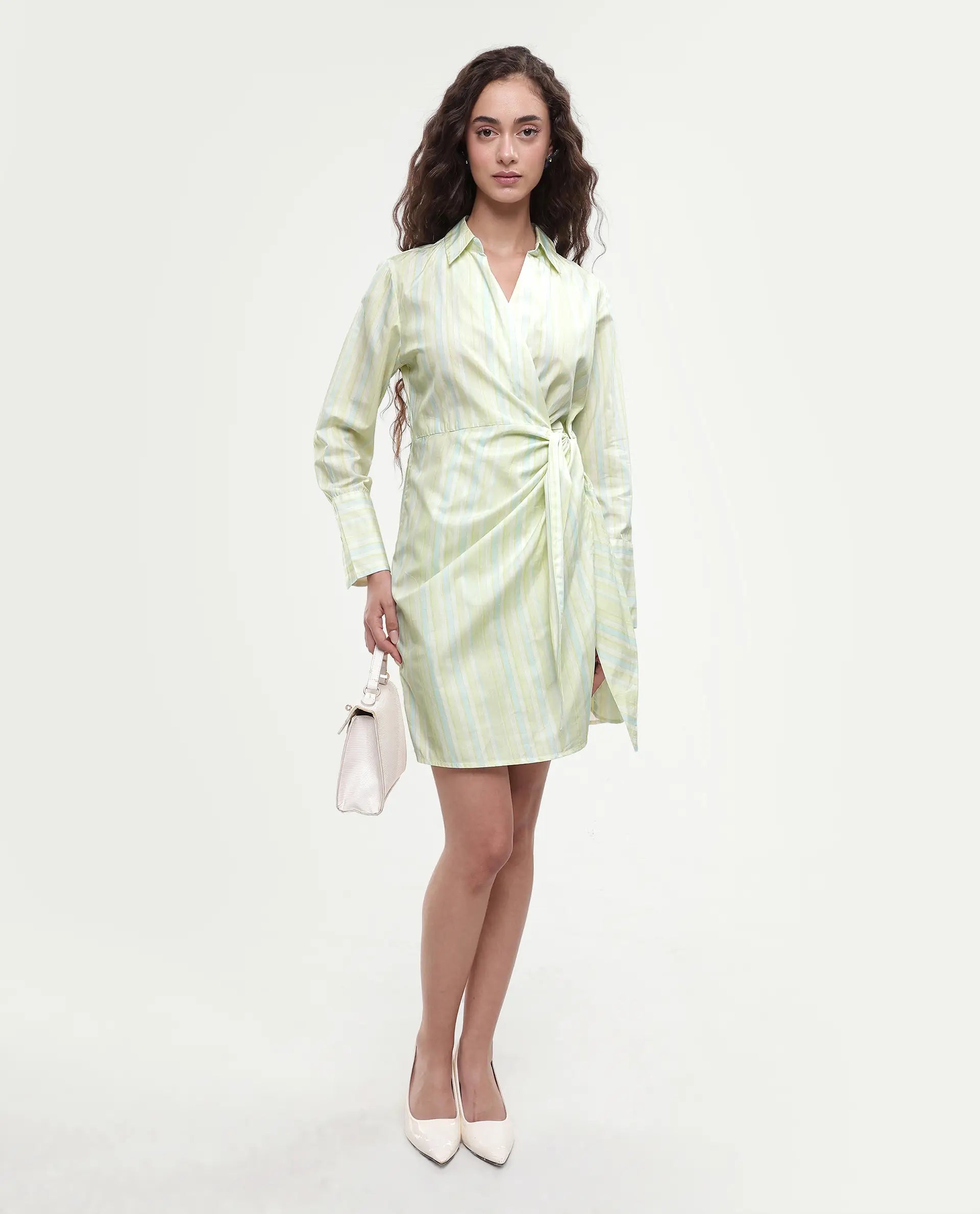 Rareism Women's Pregun Multi Cotton Johnny Collar Striped Mini Straight Fit Dress
