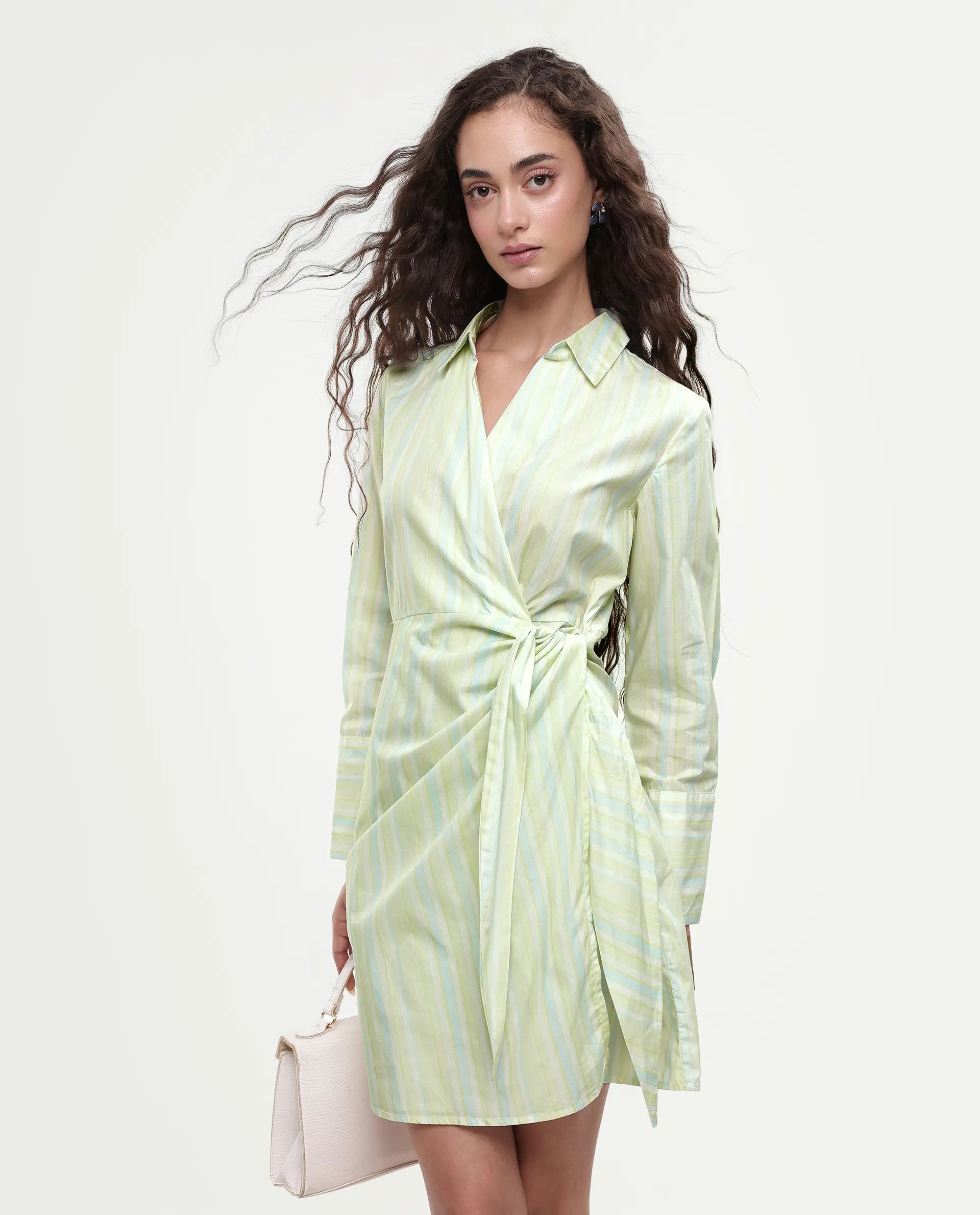 Rareism Women's Pregun Multi Cotton Johnny Collar Striped Mini Straight Fit Dress