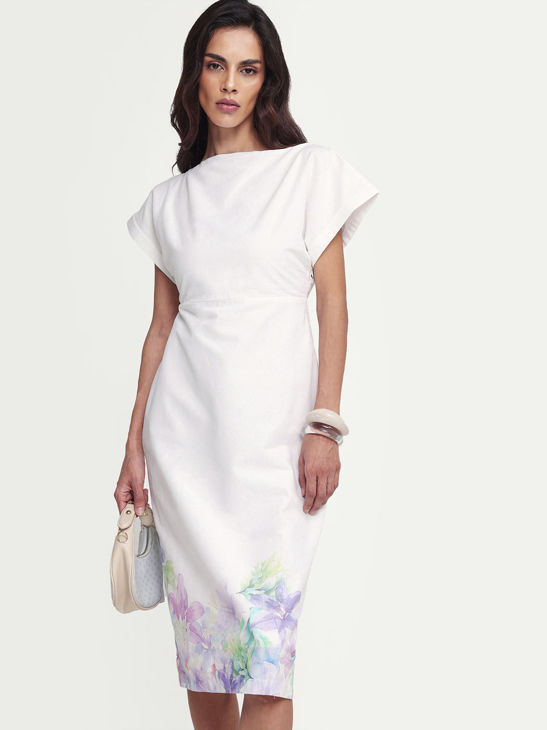 Rareism Women's Prelor White Cotton Boat Neck Floral Print Extended Sleeves Midi Straight Fit Dress