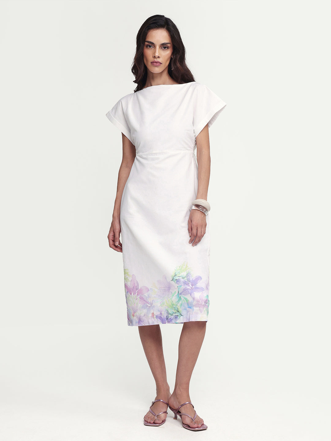 Rareism Women's Prelor White Cotton Boat Neck Floral Print Extended Sleeves Midi Straight Fit Dress