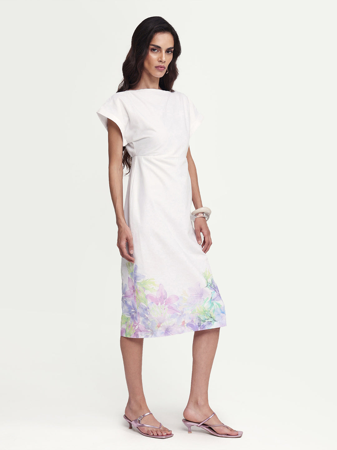Rareism Women's Prelor White Cotton Boat Neck Floral Print Extended Sleeves Midi Straight Fit Dress