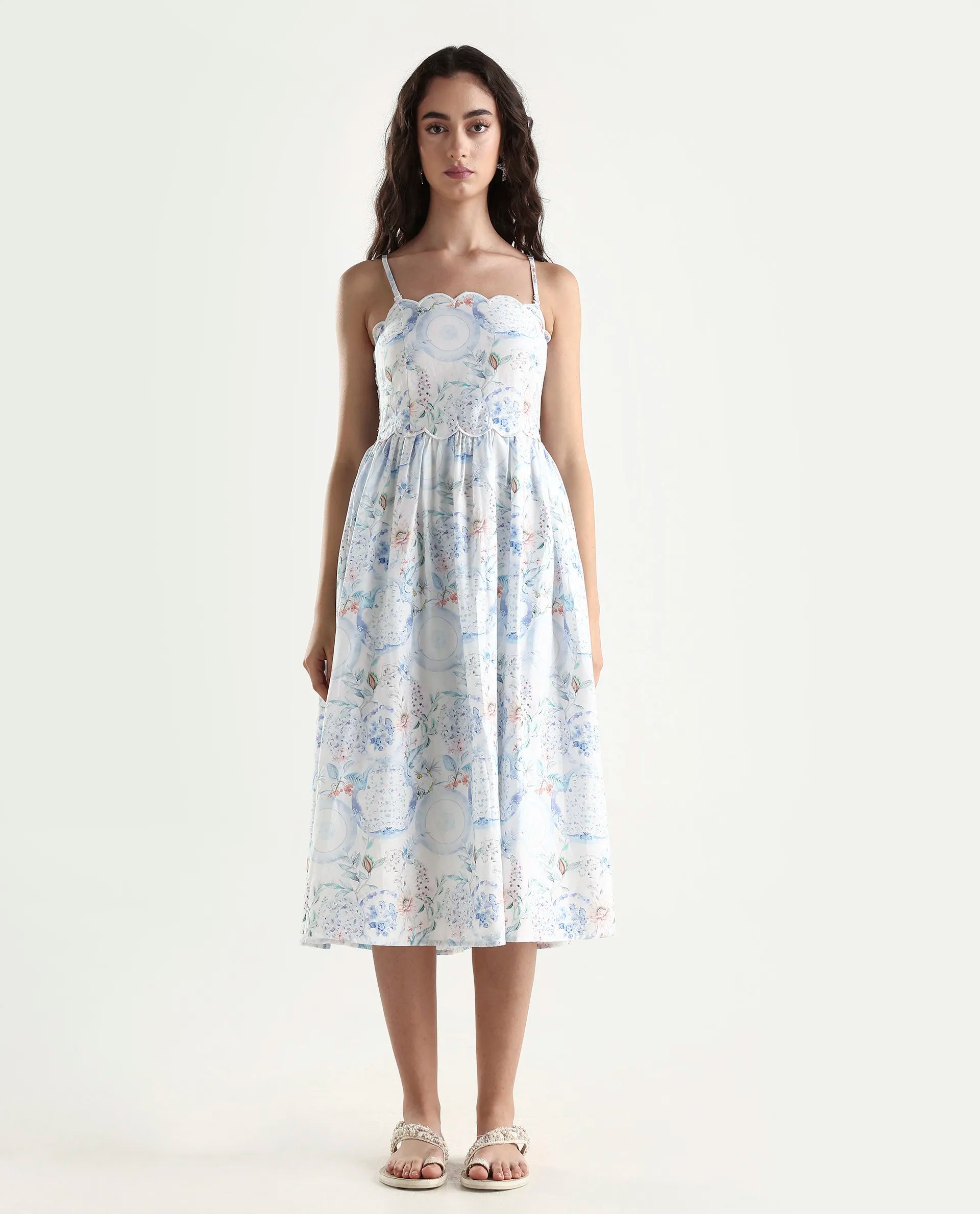 Rareism Women's Prenup Multi Cotton Tube Neck Abstract Print Sleeveless Midi Fit And Flare Dress