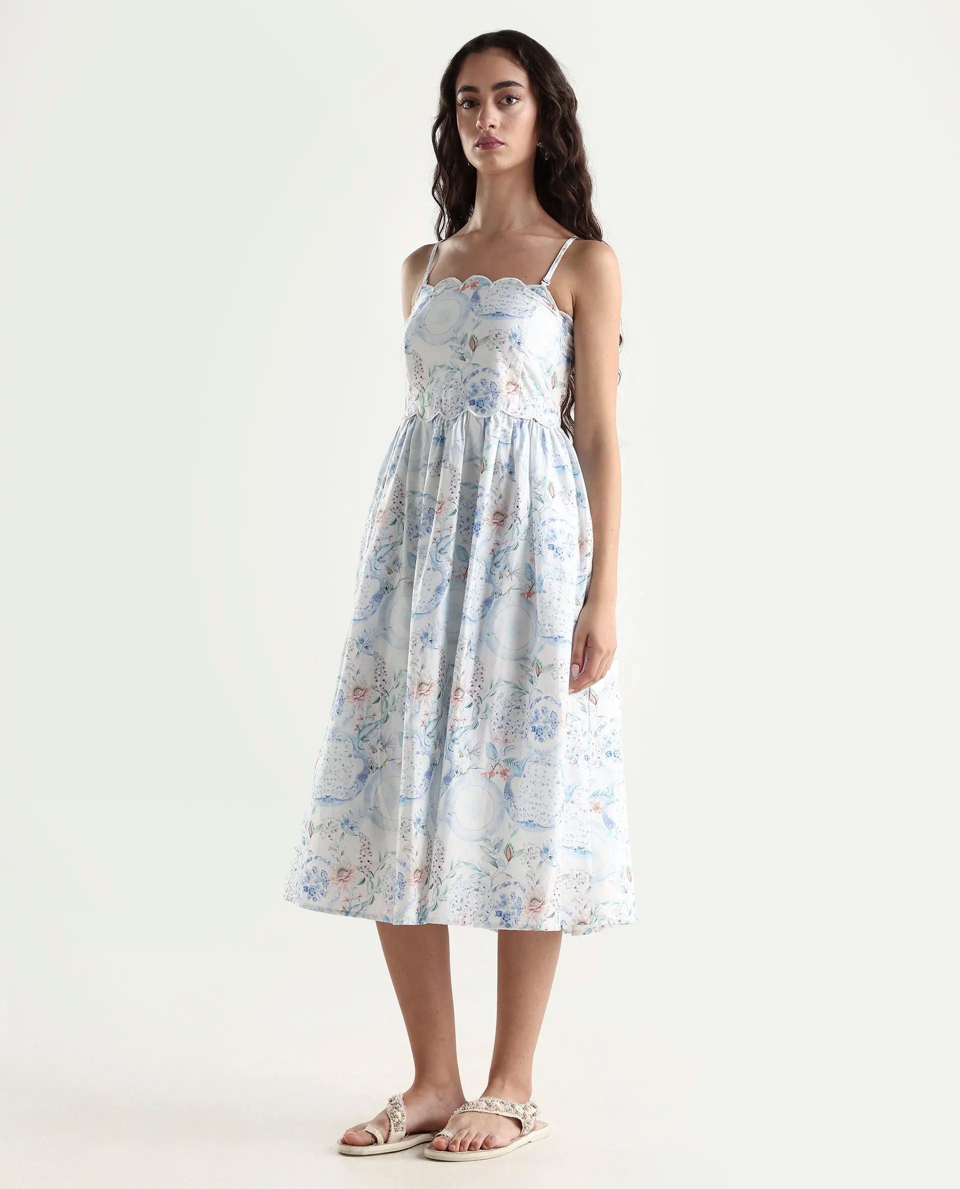 Rareism Women's Prenup Multi Cotton Tube Neck Abstract Print Sleeveless Midi Fit And Flare Dress