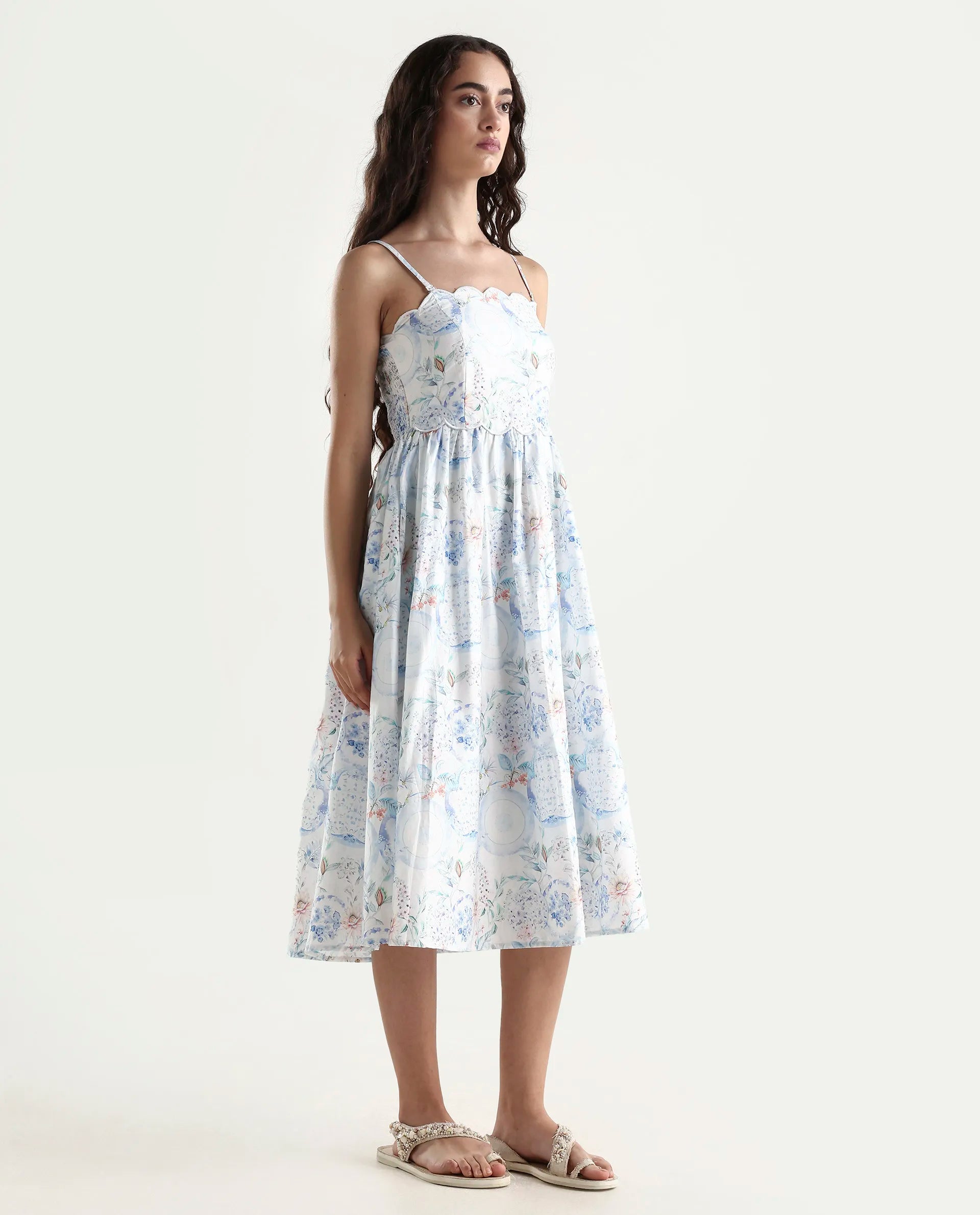 Rareism Women's Prenup Multi Cotton Tube Neck Abstract Print Sleeveless Midi Fit And Flare Dress