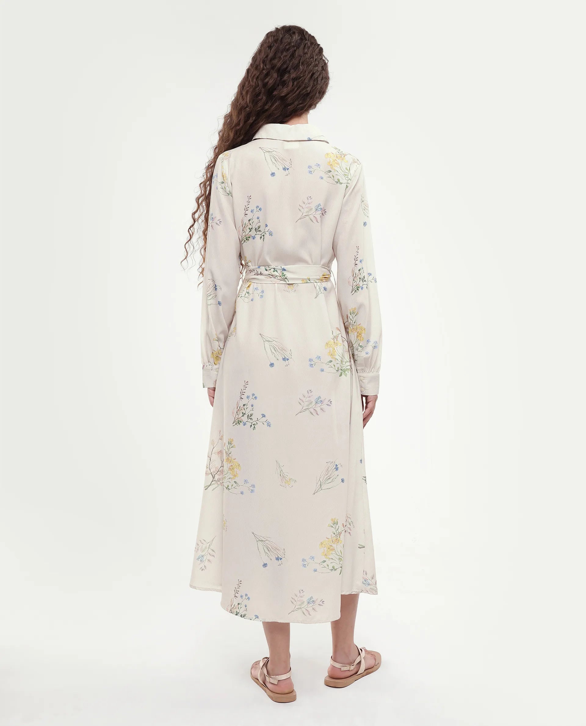 Rareism Women's Presho Multi Polyester Overlap Neck Floral Print Bishop Sleeve Maxi Fit And Flare Dress