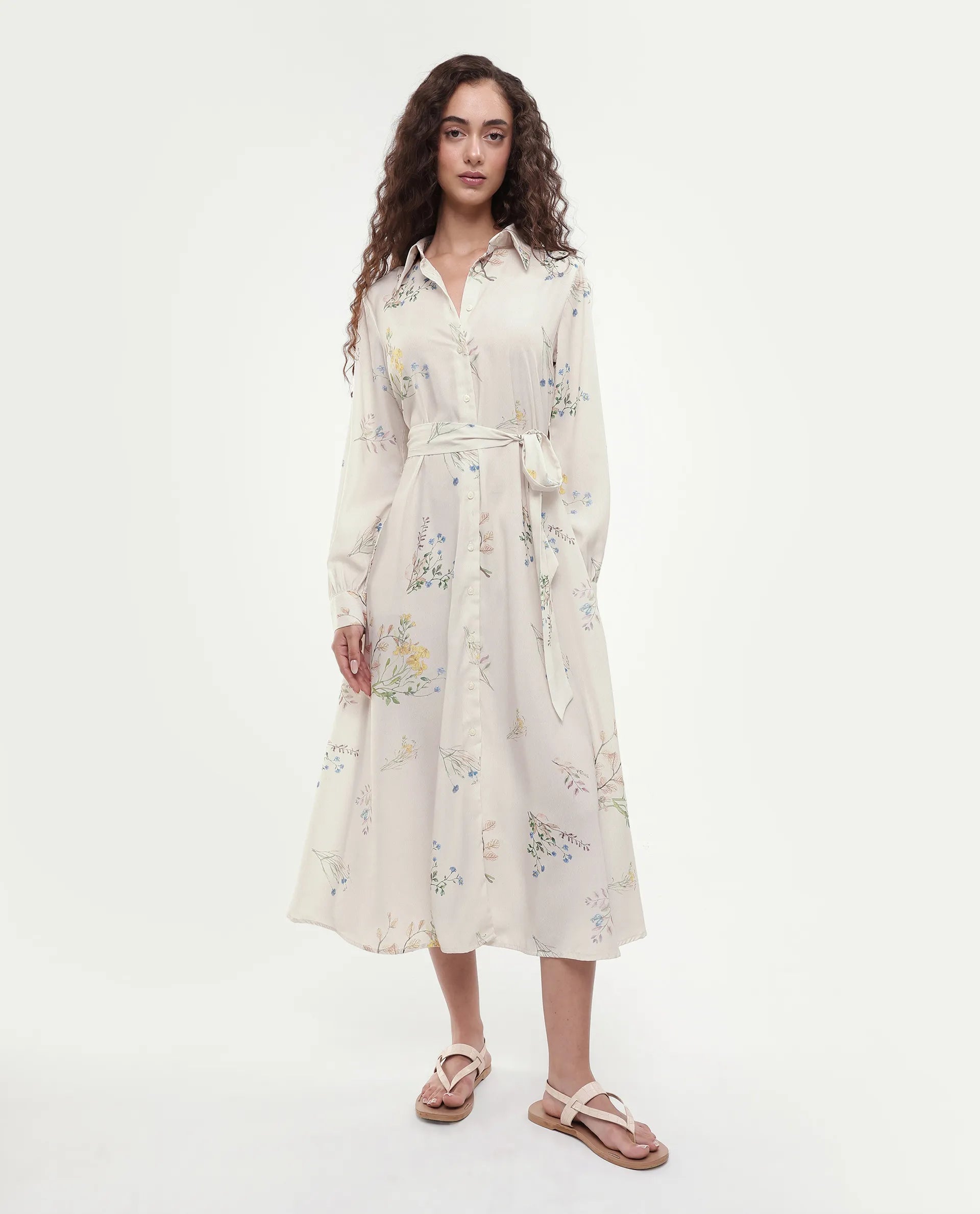Rareism Women's Presho Multi Polyester Overlap Neck Floral Print Bishop Sleeve Maxi Fit And Flare Dress