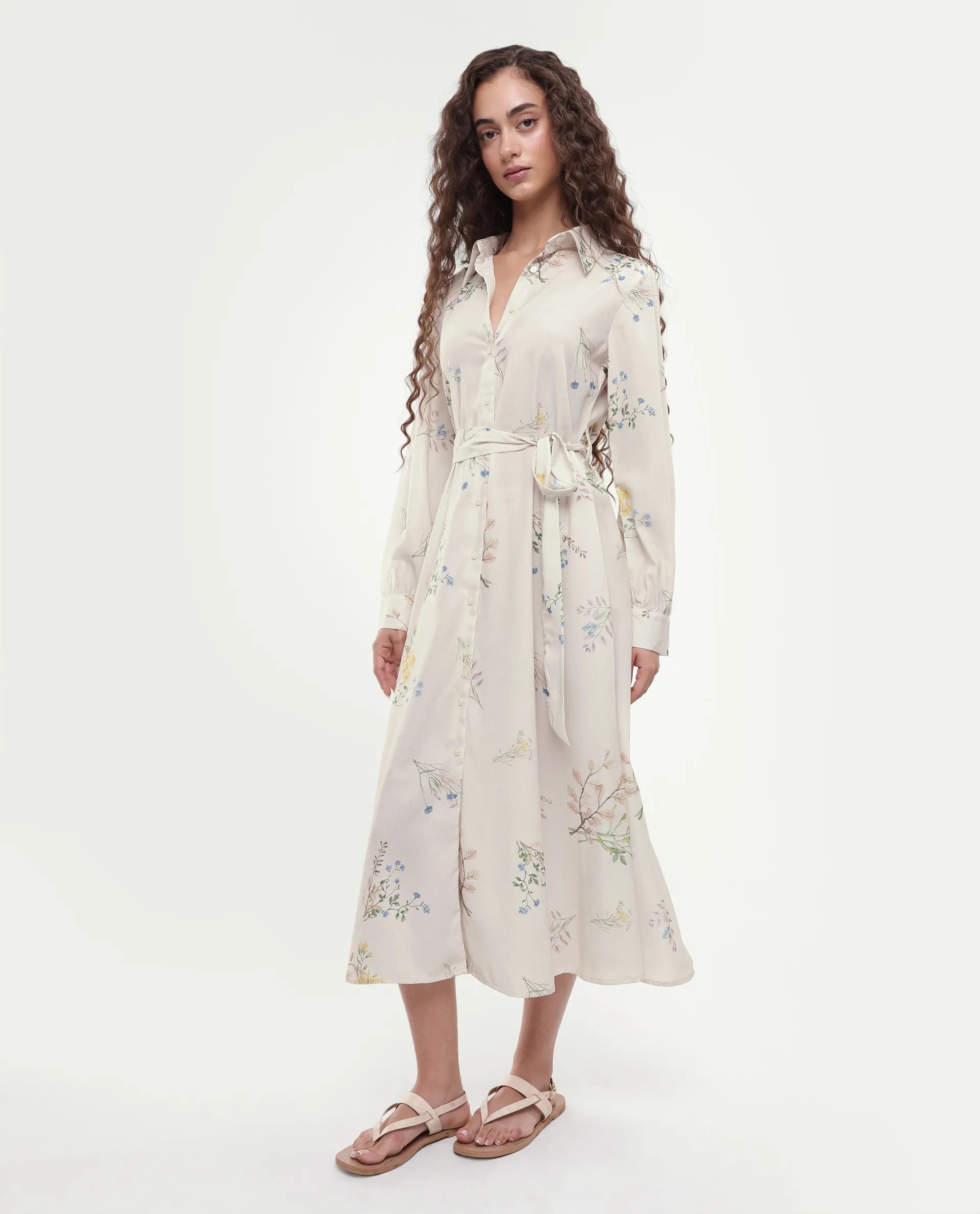 Rareism Women's Presho Multi Polyester Overlap Neck Floral Print Bishop Sleeve Maxi Fit And Flare Dress