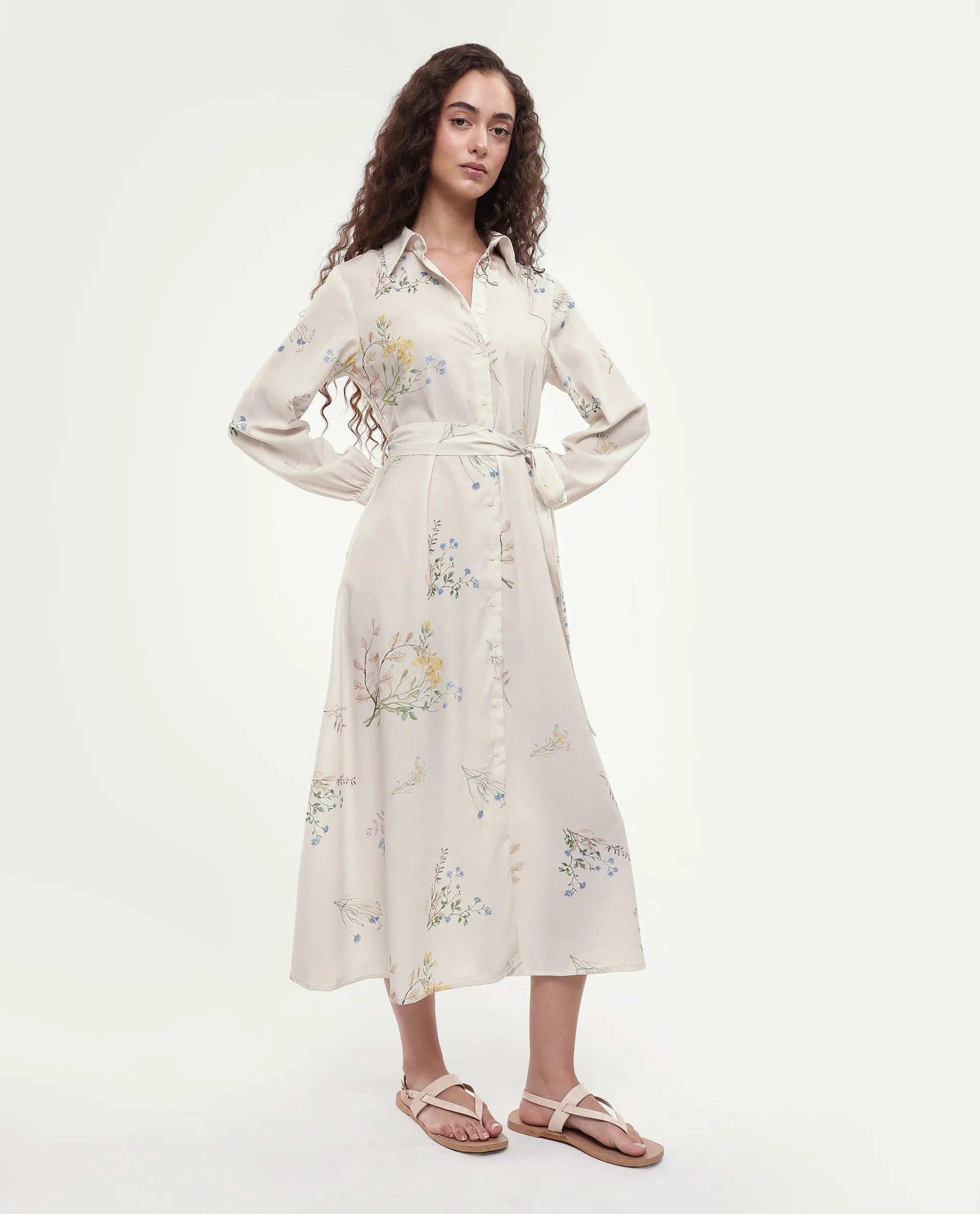 Rareism Women's Presho Multi Polyester Overlap Neck Floral Print Bishop Sleeve Maxi Fit And Flare Dress