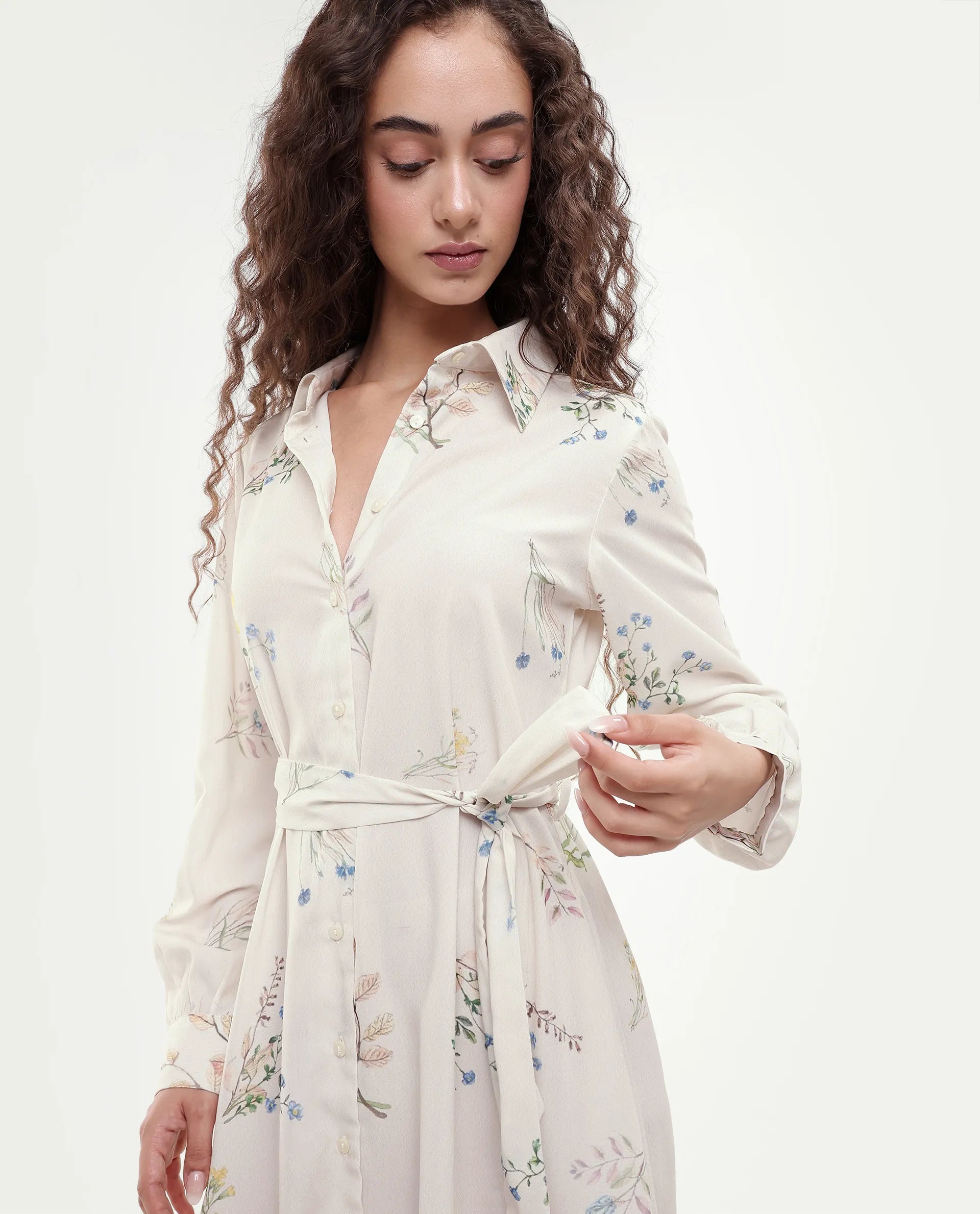Rareism Women's Presho Multi Polyester Overlap Neck Floral Print Bishop Sleeve Maxi Fit And Flare Dress
