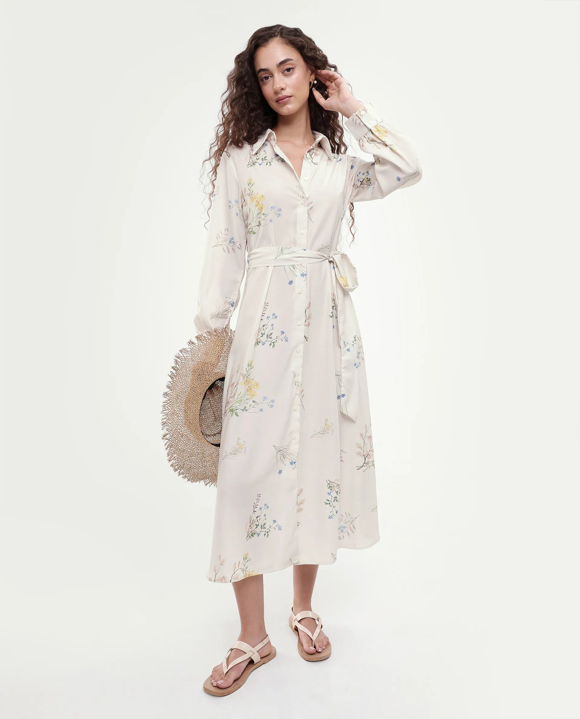 Rareism Women's Presho Multi Polyester Overlap Neck Floral Print Bishop Sleeve Maxi Fit And Flare Dress