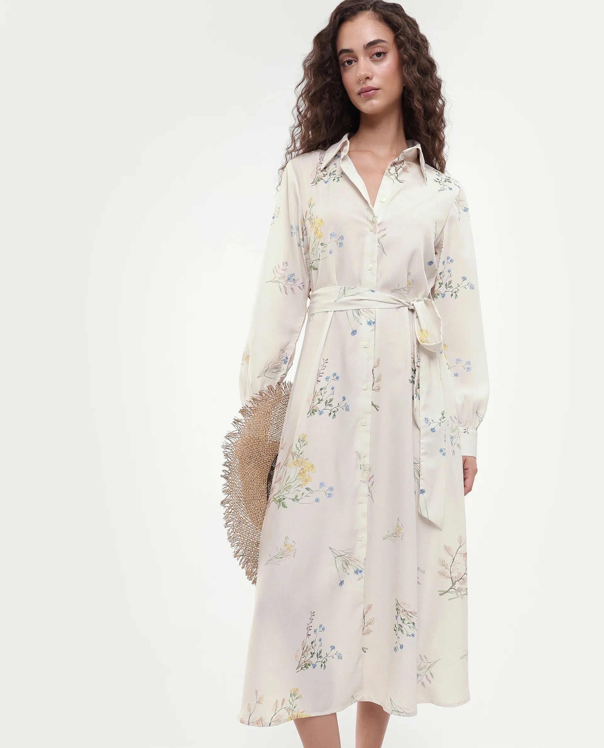 Rareism Women's Presho Multi Polyester Overlap Neck Floral Print Bishop Sleeve Maxi Fit And Flare Dress