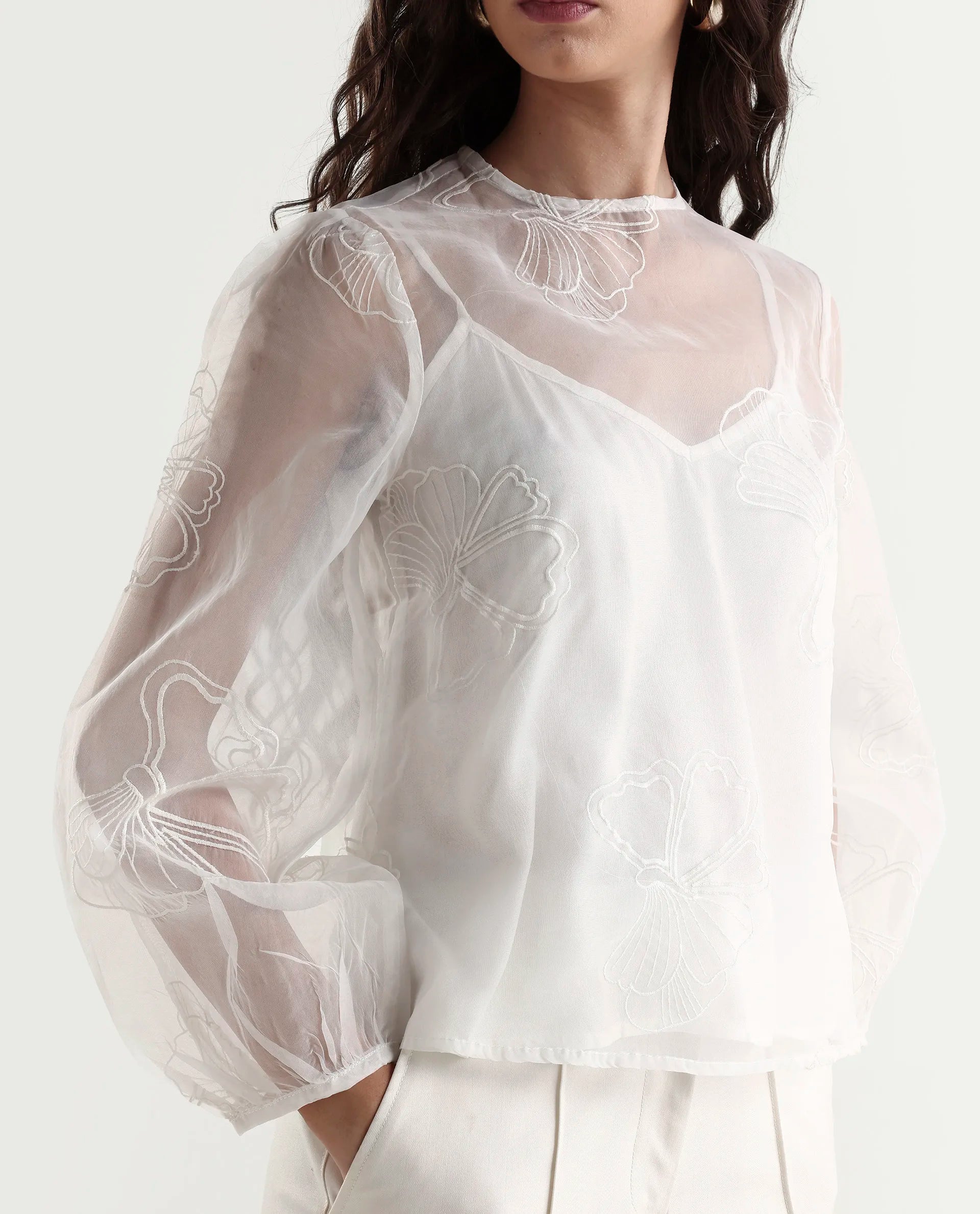 Rareism Women's Prevan White Polyester Round Neck Plain Bishop Sleeve Regular Fit Top