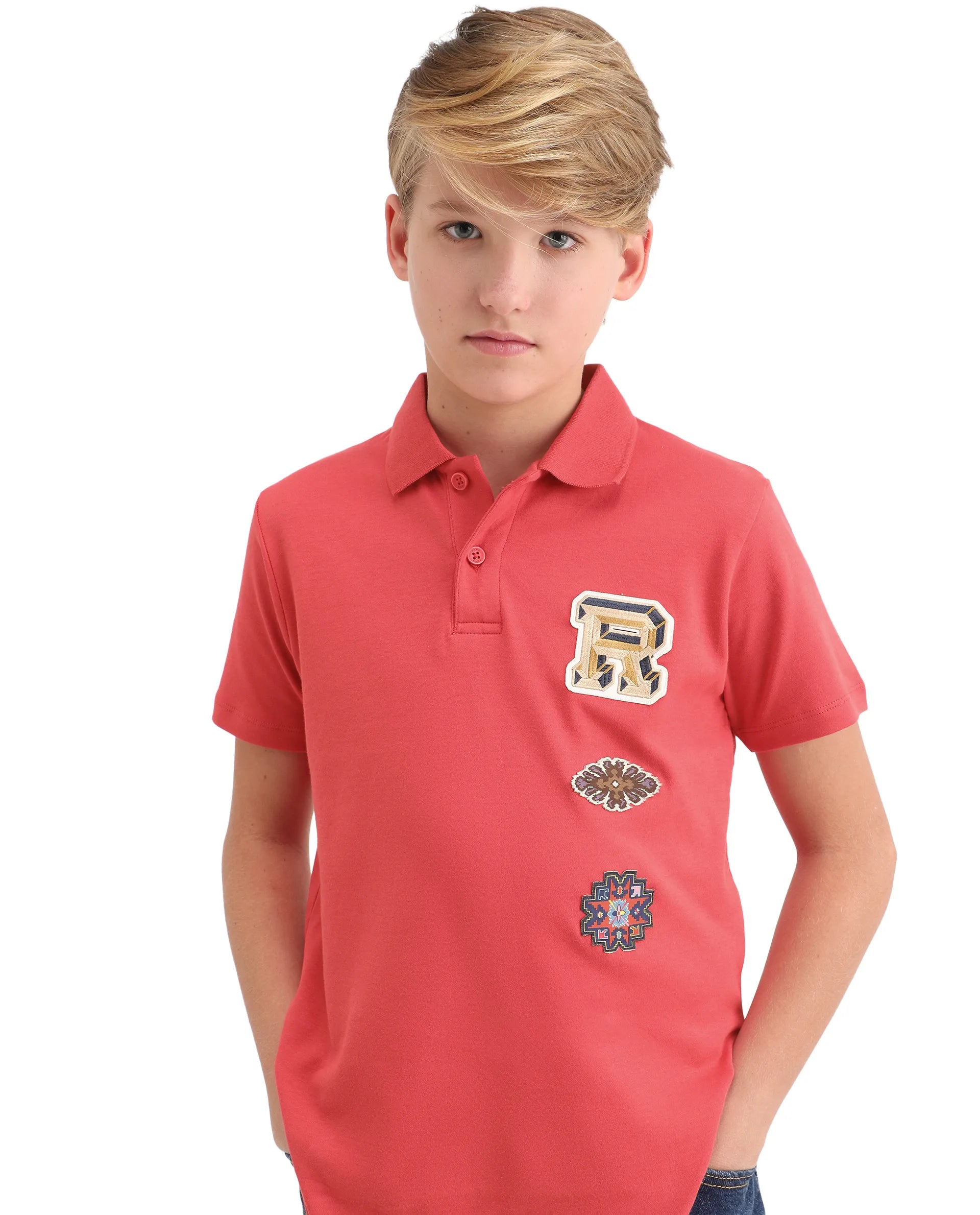 Rare Ones Kids Zyra Red Cotton Half Sleeve Button Closure Printed Regular Fit Polo