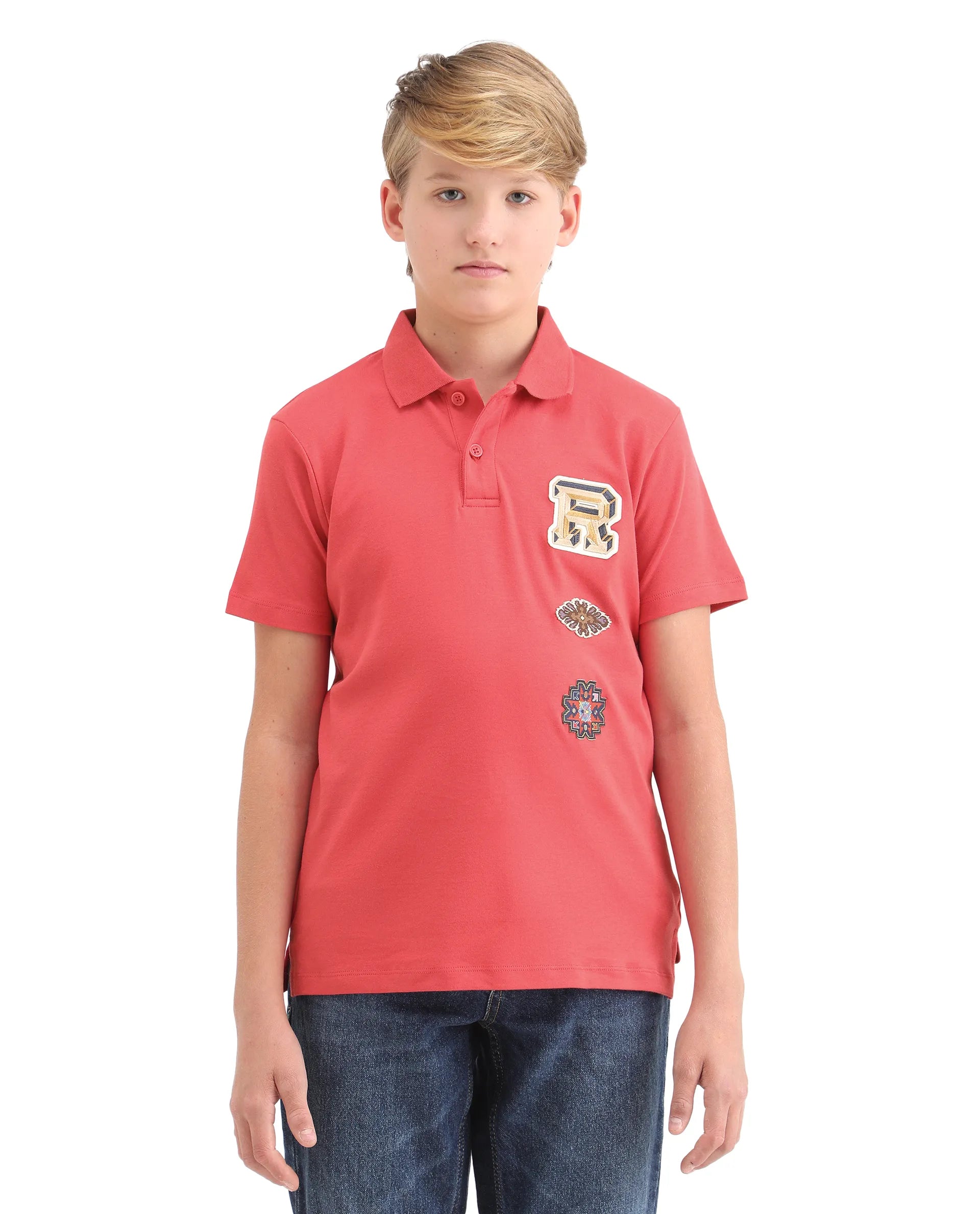 Rare Ones Kids Zyra Red Cotton Half Sleeve Button Closure Printed Regular Fit Polo