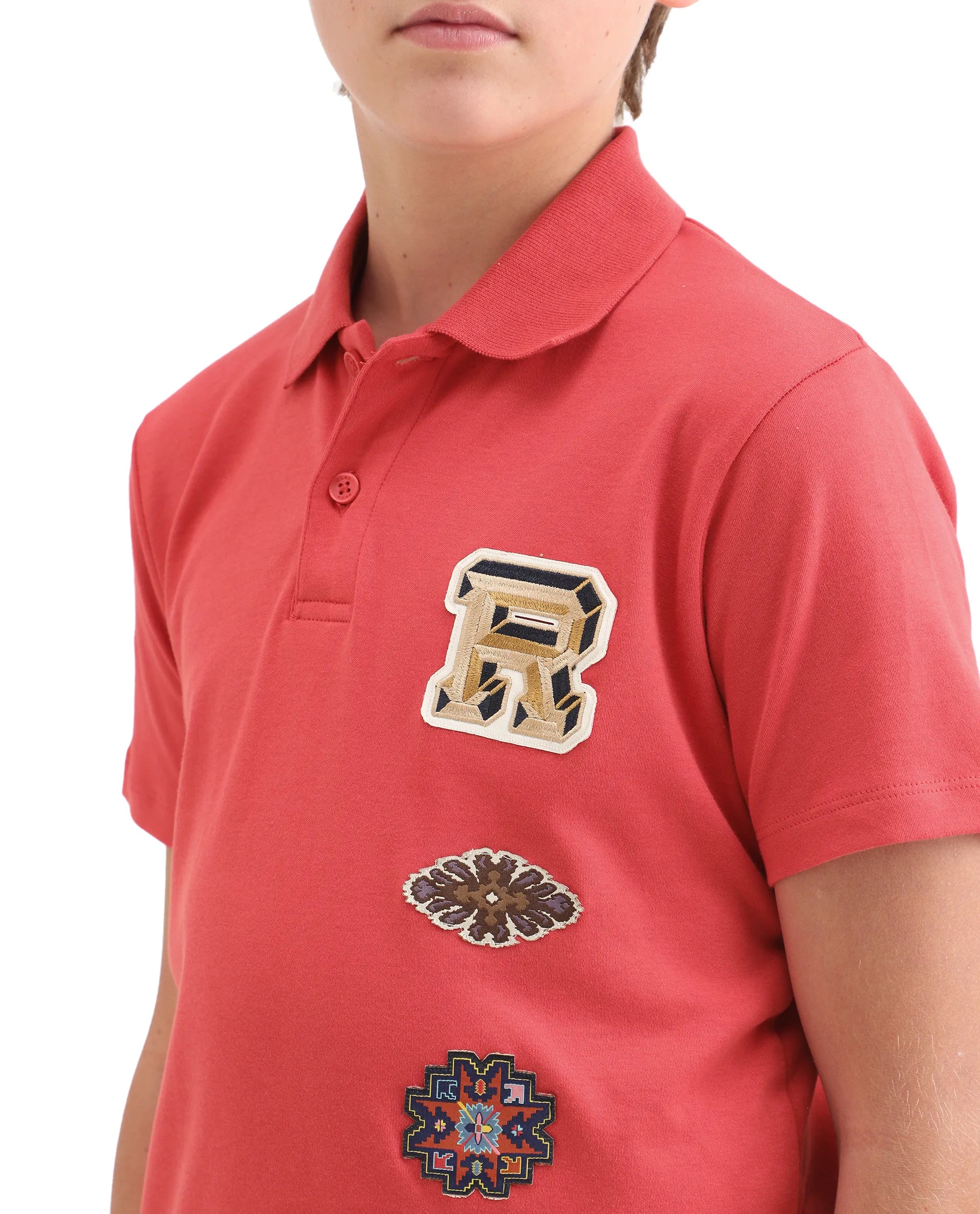 Rare Ones Kids Zyra Red Cotton Half Sleeve Button Closure Printed Regular Fit Polo