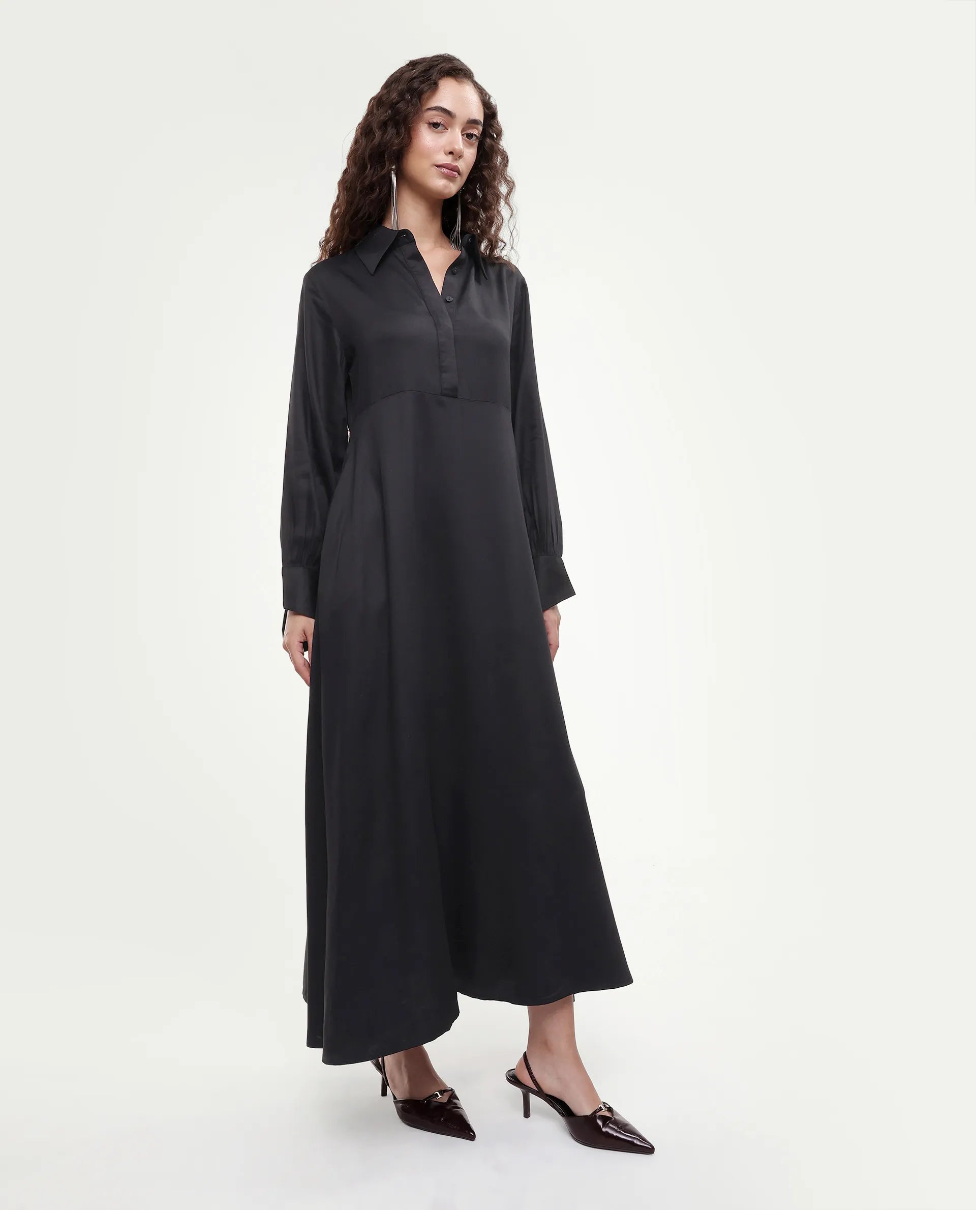 Rareism Women's Ane Black Viscose Full Sleeve Spread Collar Fit And Flare Dress