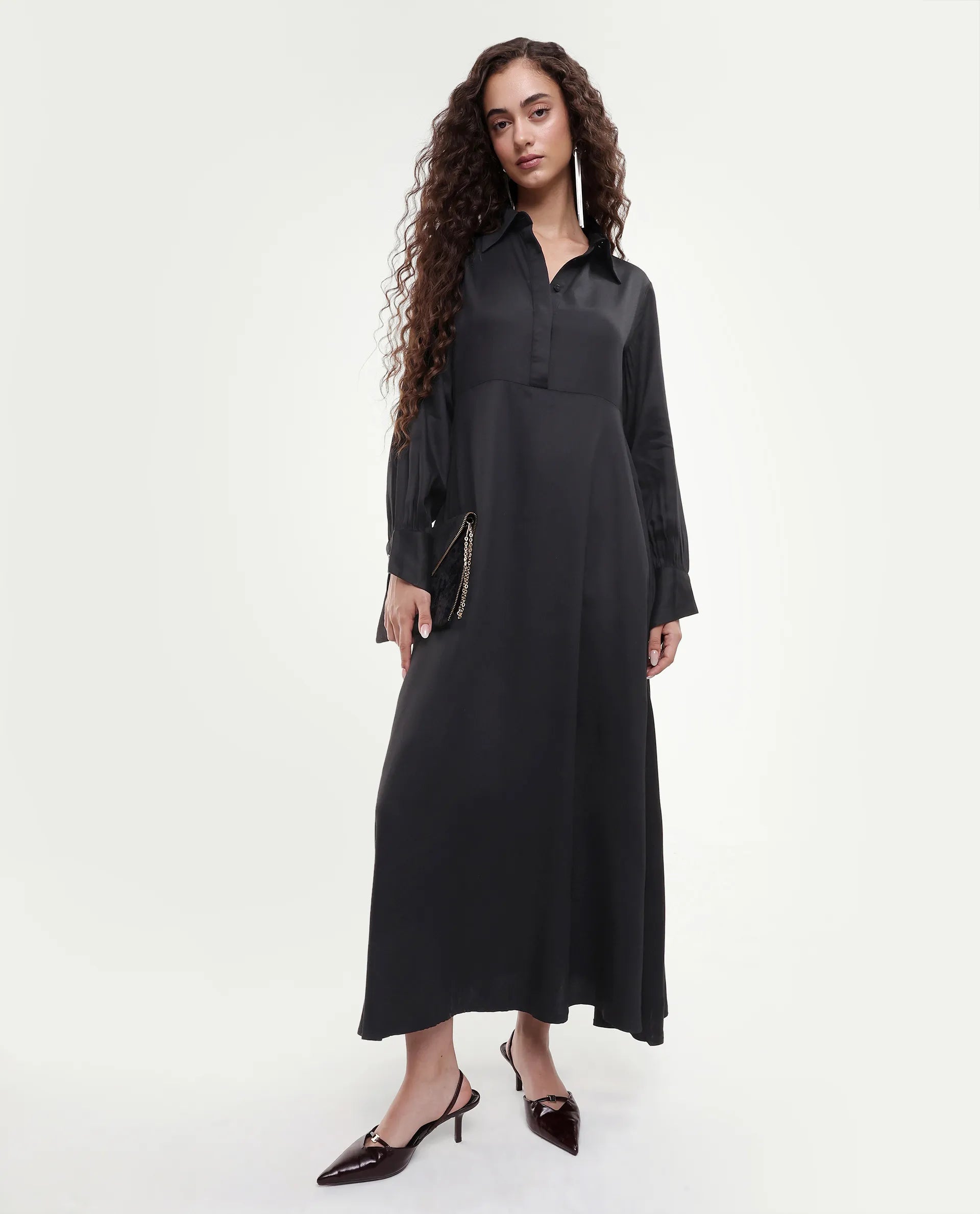 Rareism Women's Ane Black Viscose Full Sleeve Spread Collar Fit And Flare Dress