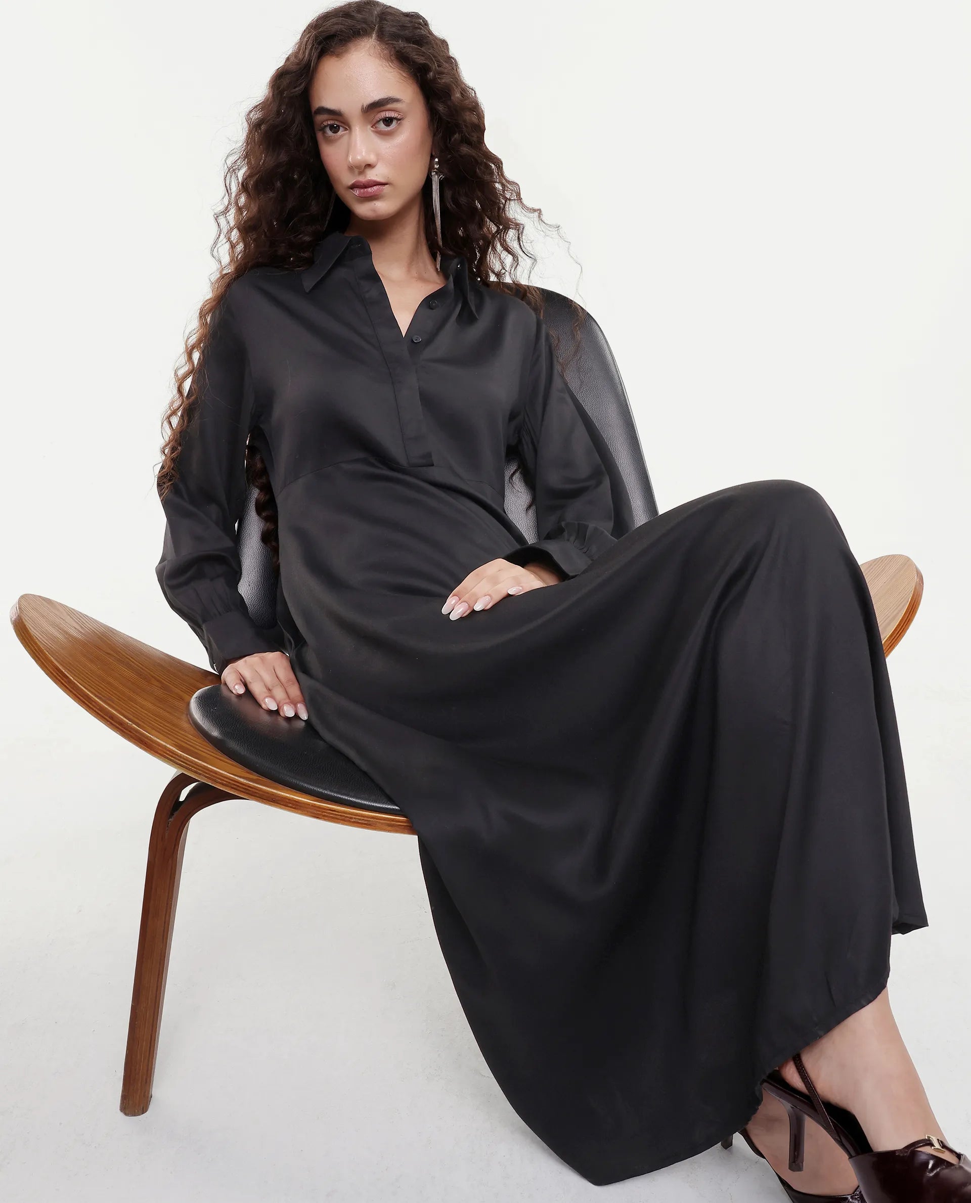 Rareism Women's Ane Black Viscose Full Sleeve Spread Collar Fit And Flare Dress