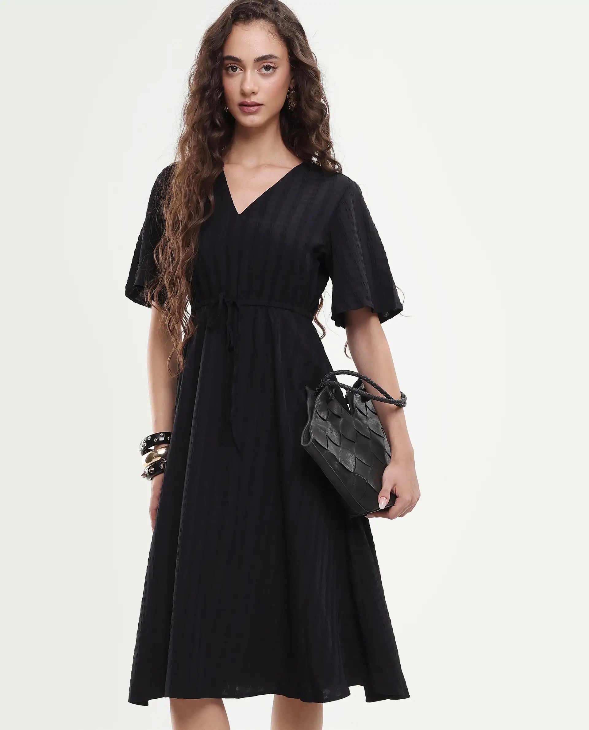 Rareism Women's Airin Black Polyester Half Sleeve V-Neck Flared Dress
