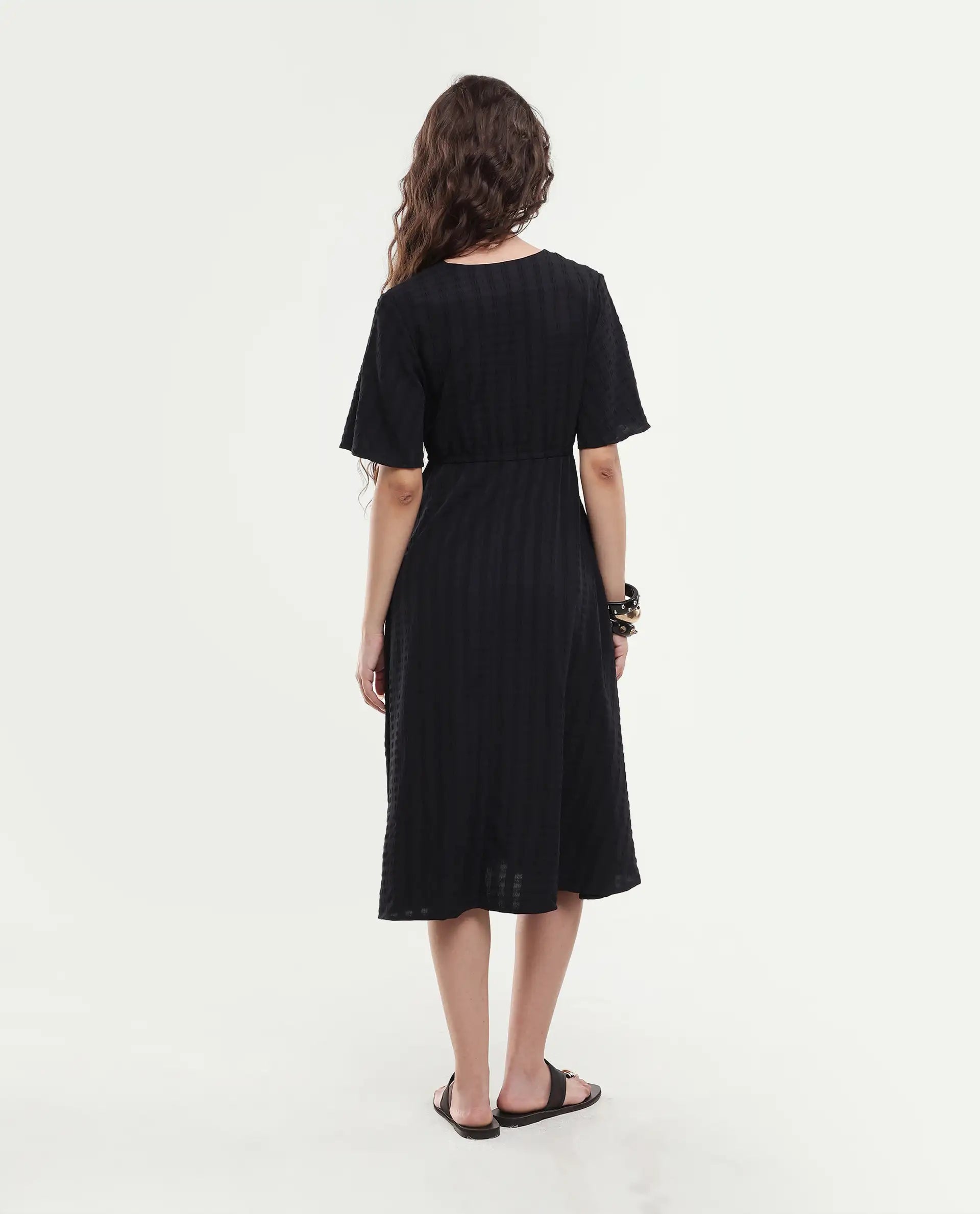 Rareism Women's Airin Black Polyester Half Sleeve V-Neck Flared Dress