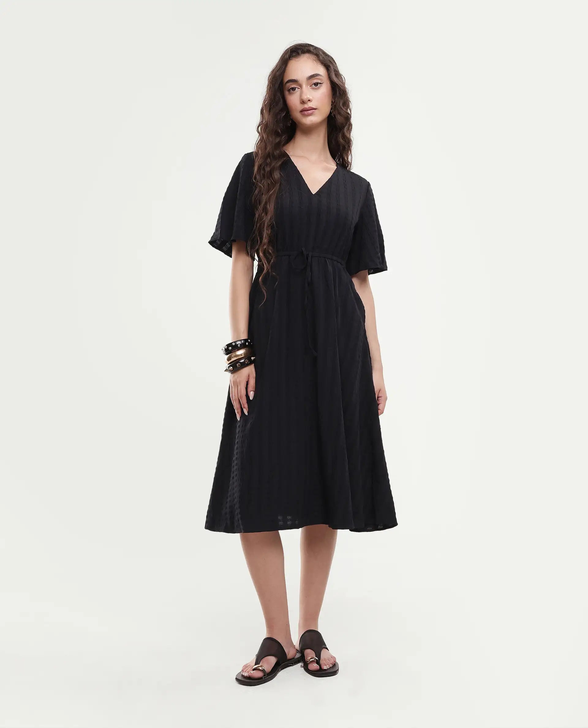 Rareism Women's Airin Black Polyester Half Sleeve V-Neck Flared Dress
