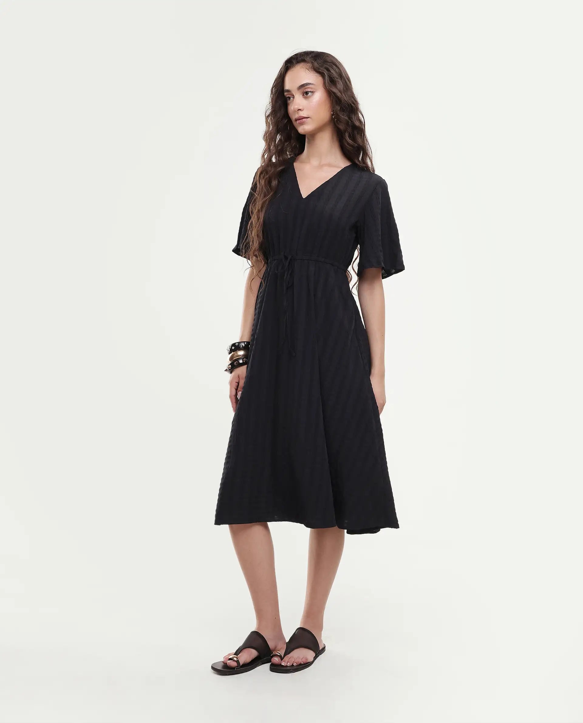 Rareism Women's Airin Black Polyester Half Sleeve V-Neck Flared Dress