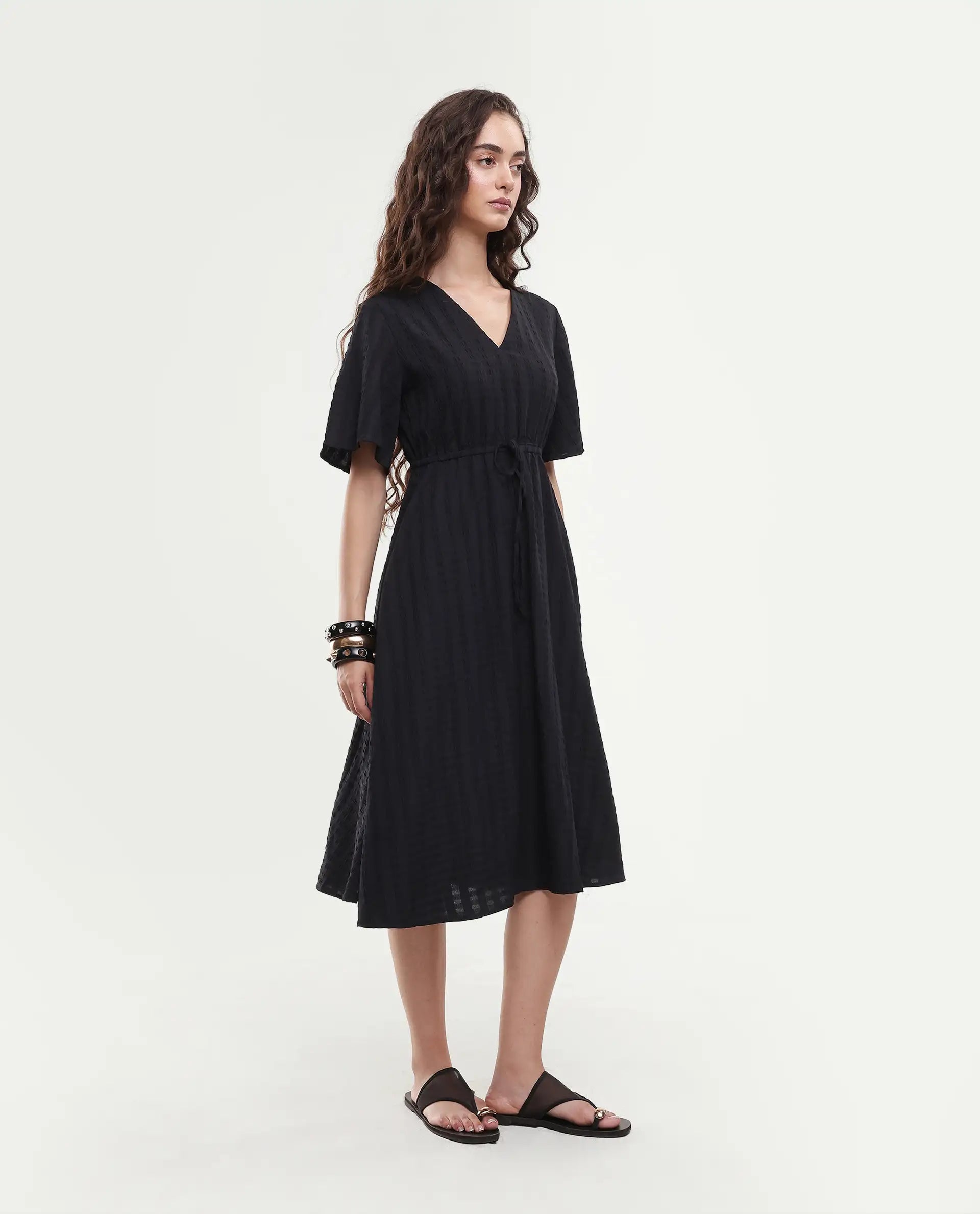 Rareism Women's Airin Black Polyester Half Sleeve V-Neck Flared Dress