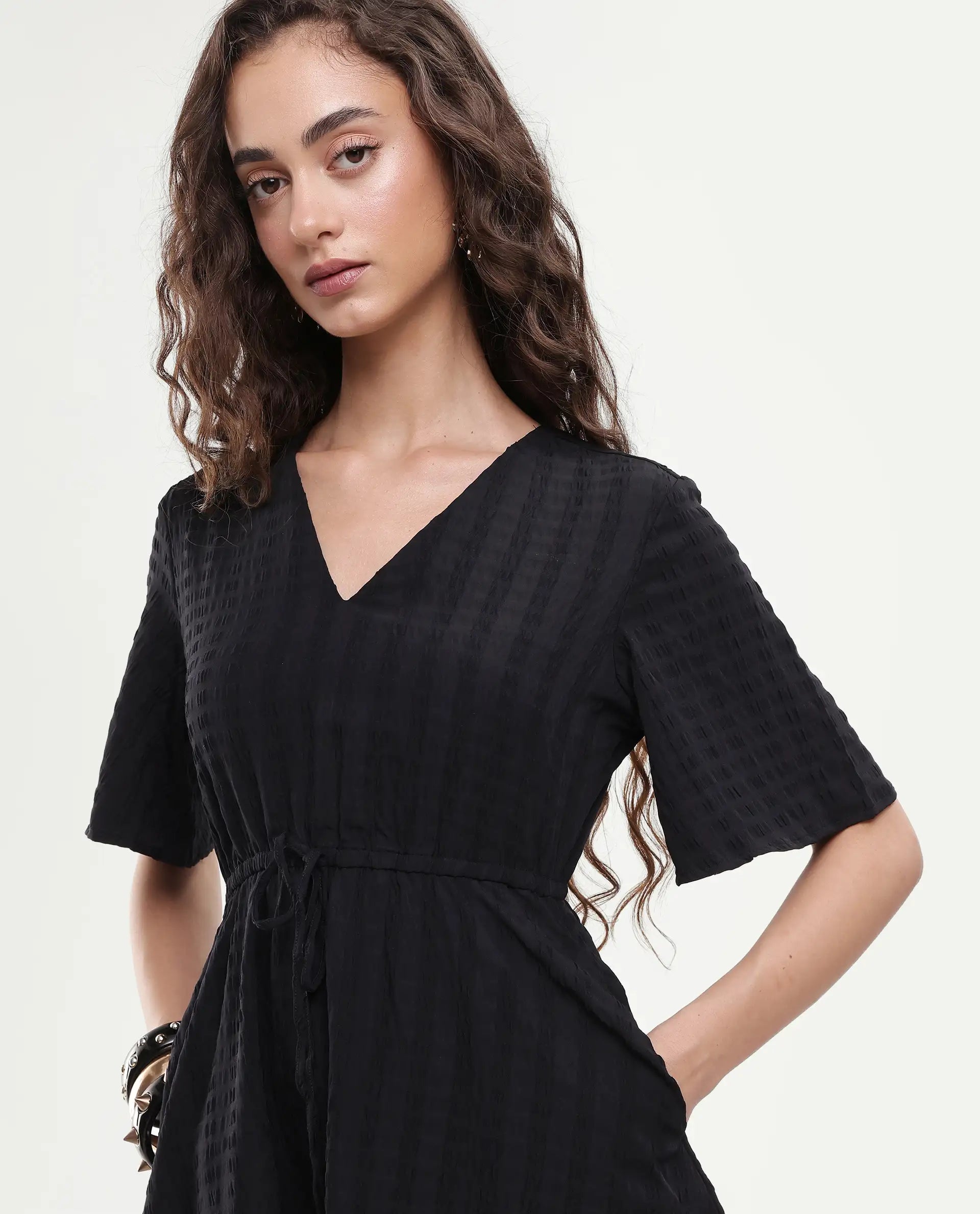Rareism Women's Airin Black Polyester Half Sleeve V-Neck Flared Dress