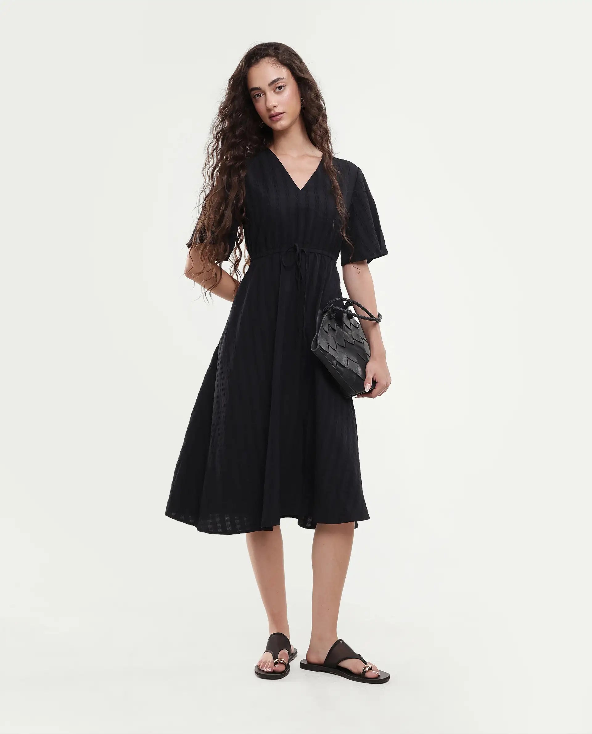Rareism Women's Airin Black Polyester Half Sleeve V-Neck Flared Dress