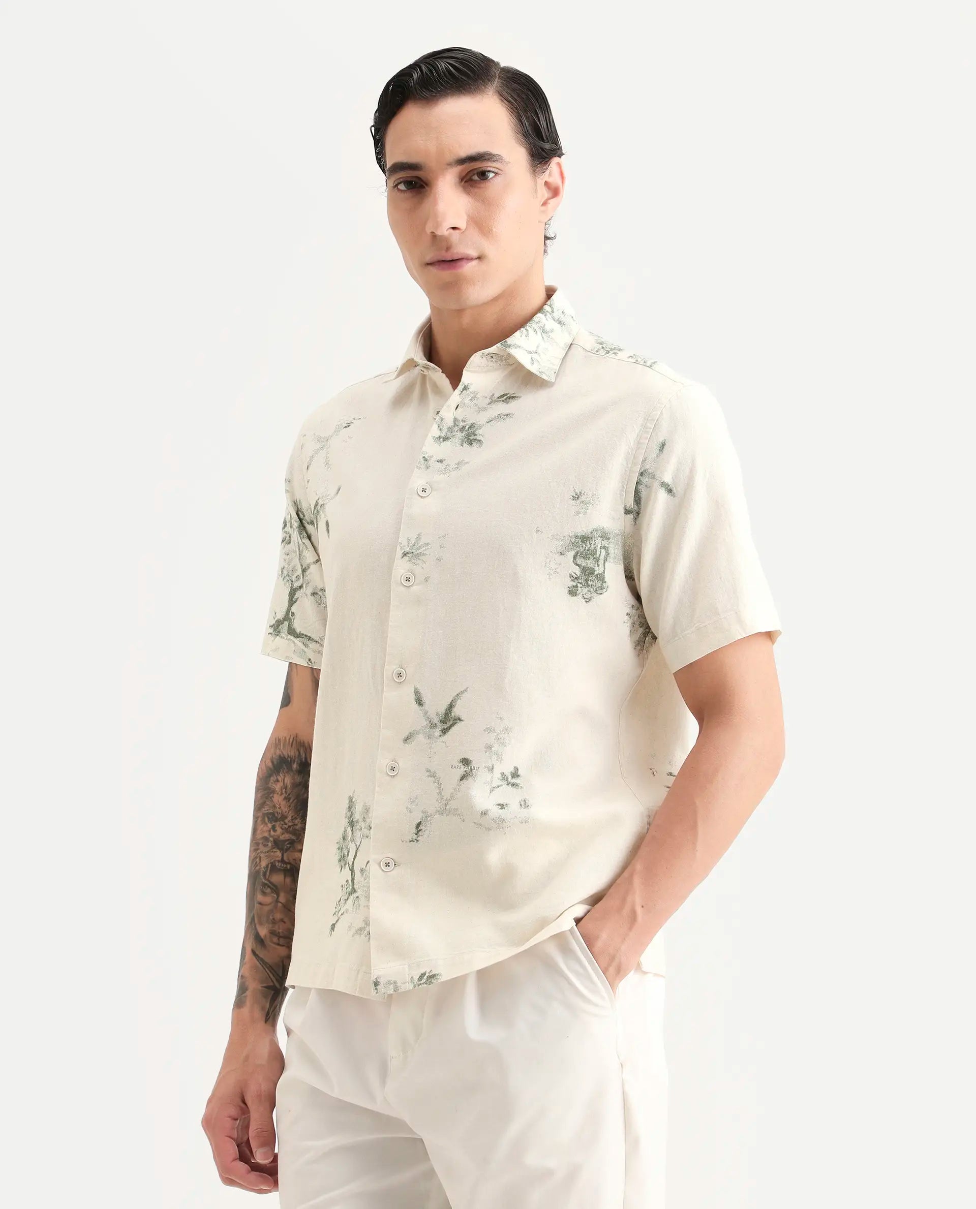 Rare Rabbit Men's Murpo Green Cotton Fabric Half Sleeve Spread Collar Regular Fit Printed Shirt