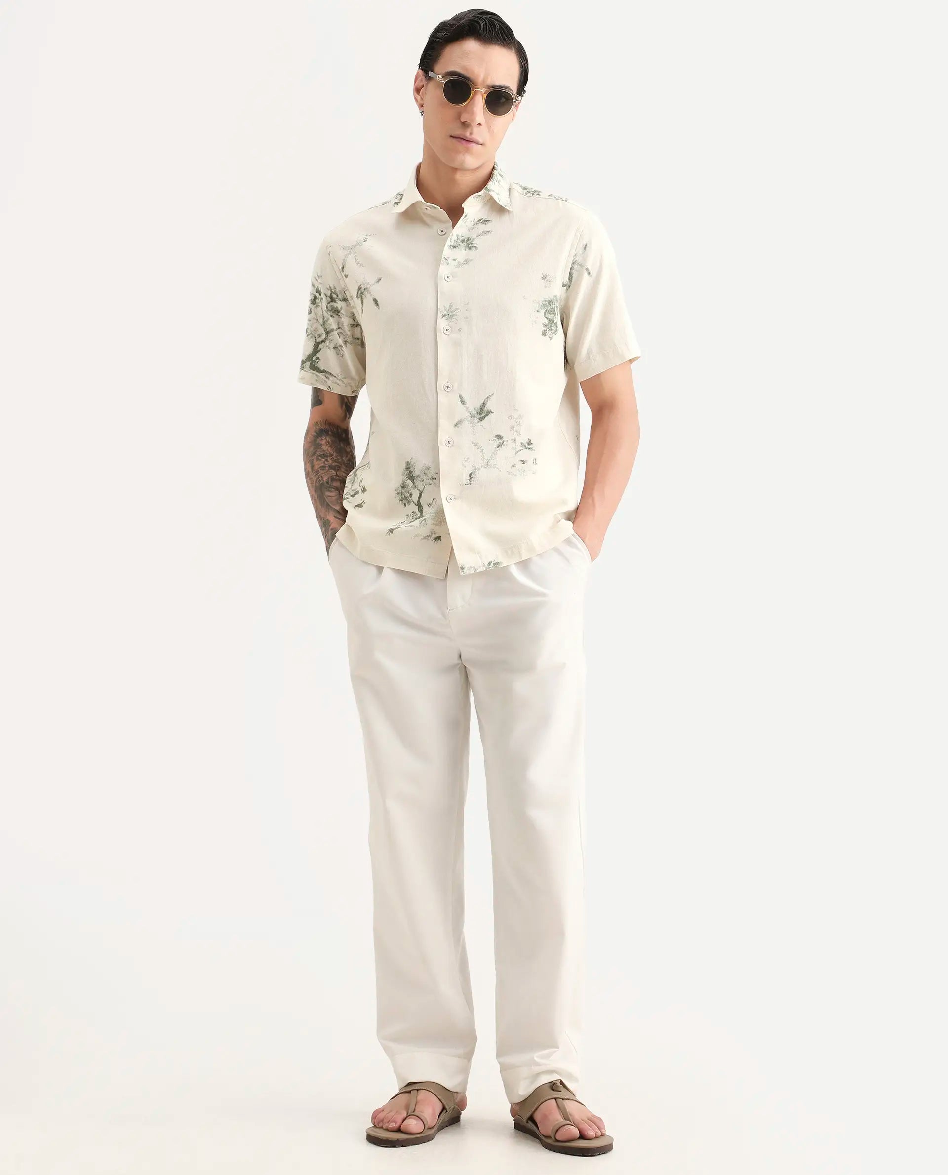 Rare Rabbit Men's Murpo Green Cotton Fabric Half Sleeve Spread Collar Regular Fit Printed Shirt