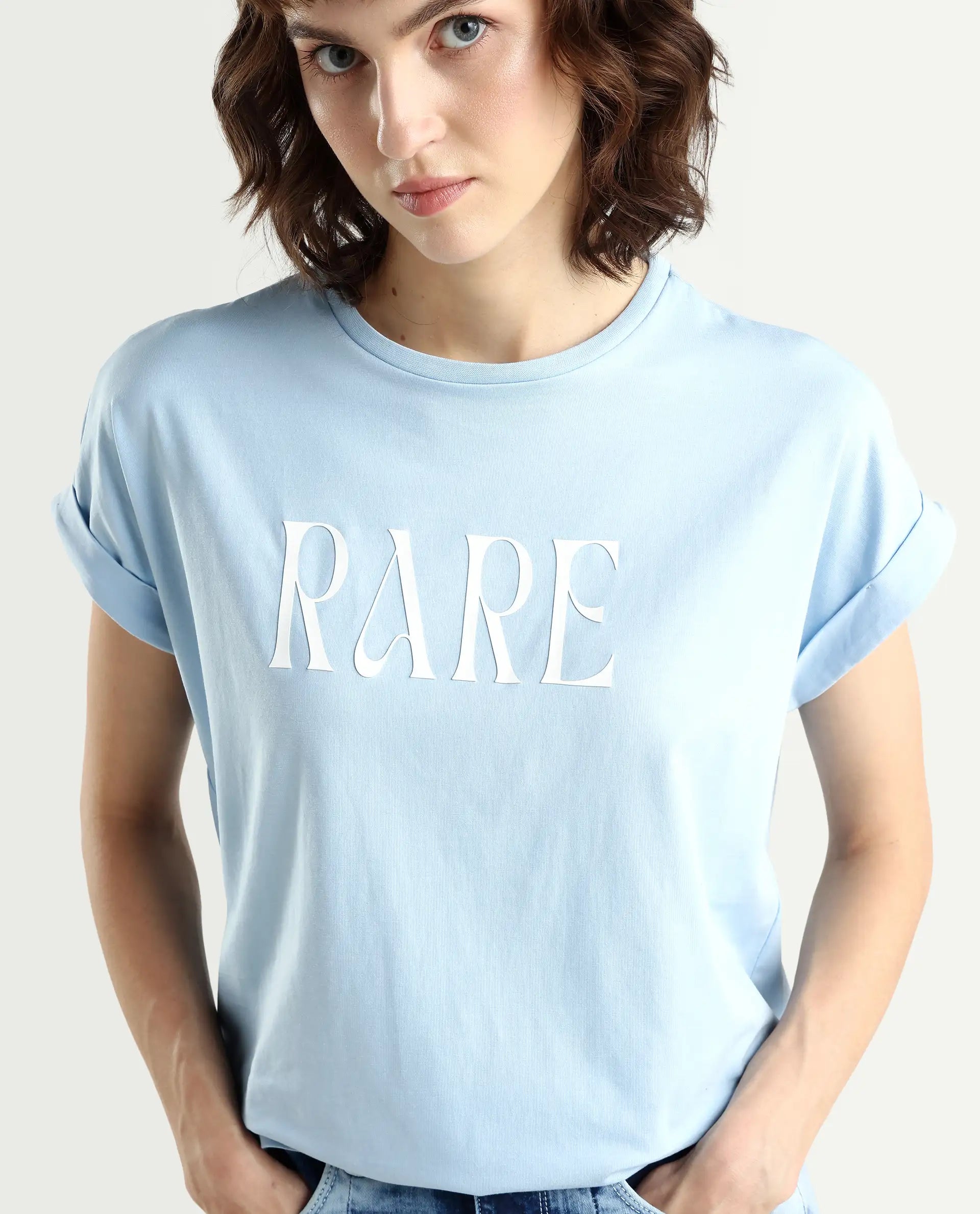 Rareism Women's Bhavi Light Blue Cotton Blend Crew Neck Typography Print Extended Sleeves Regular Fit T-Shirt