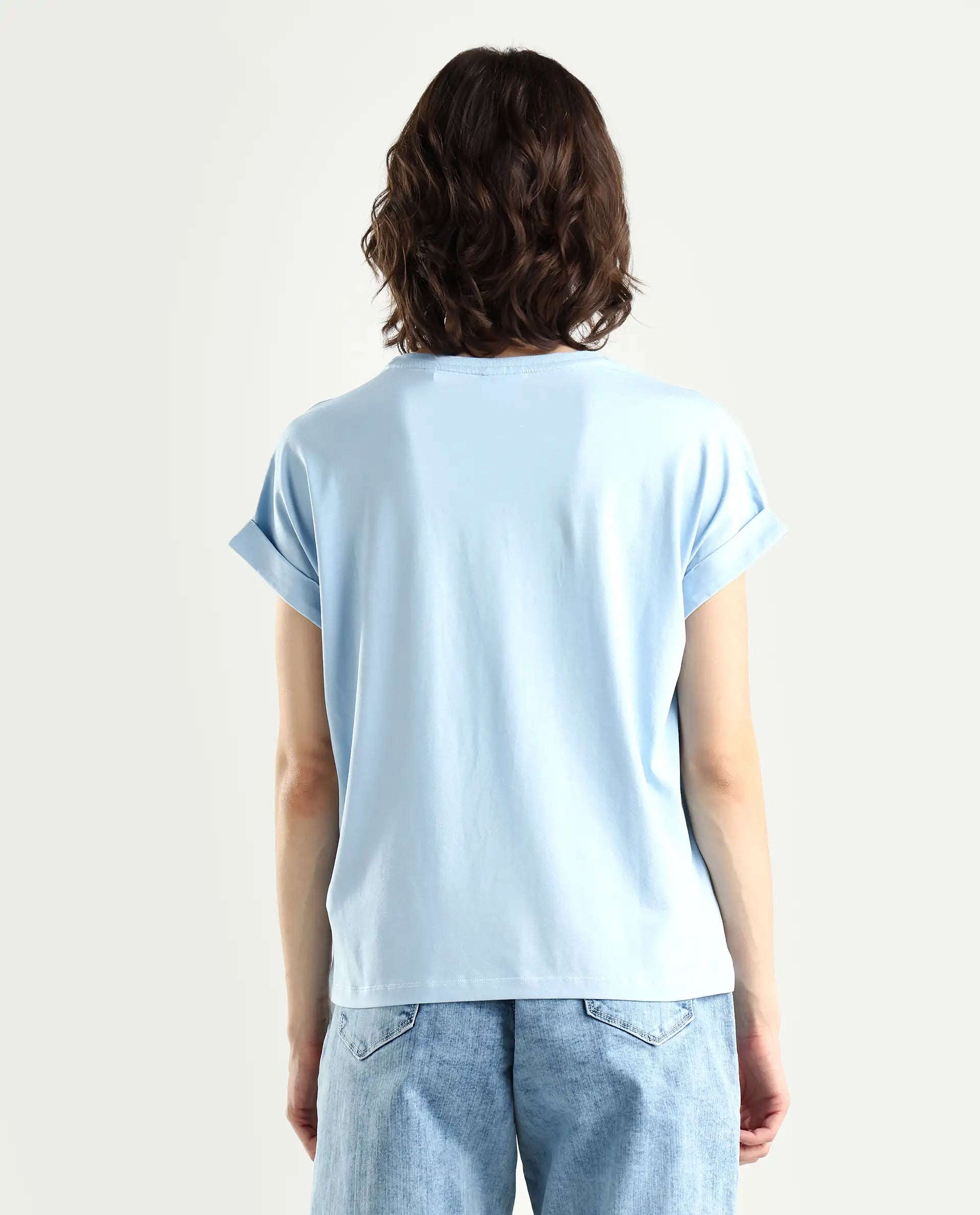 Rareism Women's Bhavi Light Blue Cotton Blend Crew Neck Typography Print Extended Sleeves Regular Fit T-Shirt