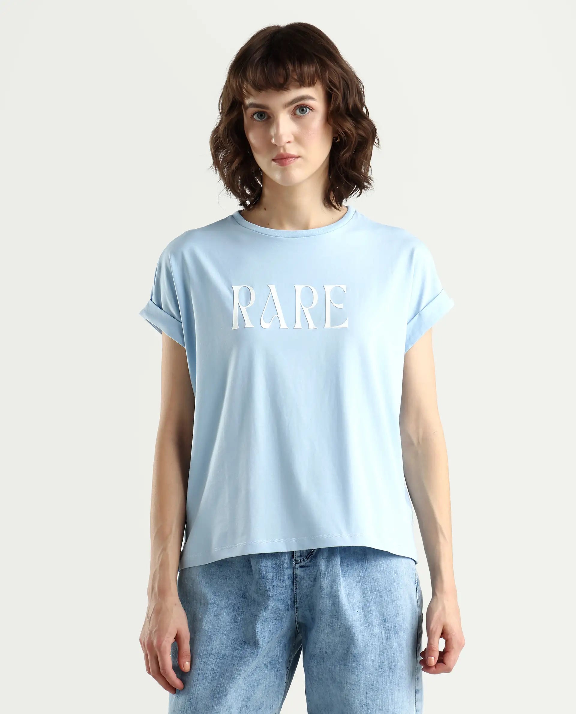 Rareism Women's Bhavi Light Blue Cotton Blend Crew Neck Typography Print Extended Sleeves Regular Fit T-Shirt