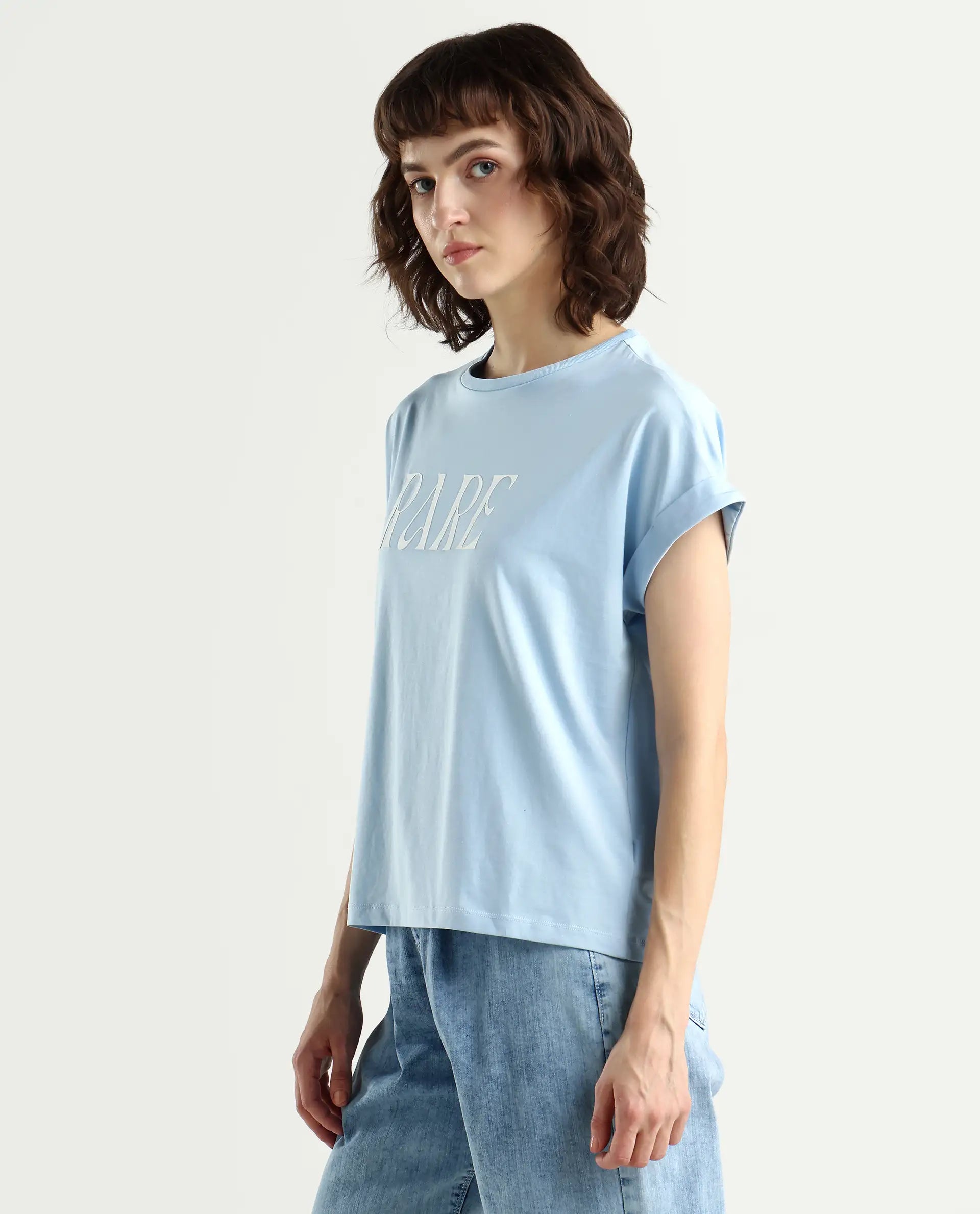 Rareism Women's Bhavi Light Blue Cotton Blend Crew Neck Typography Print Extended Sleeves Regular Fit T-Shirt