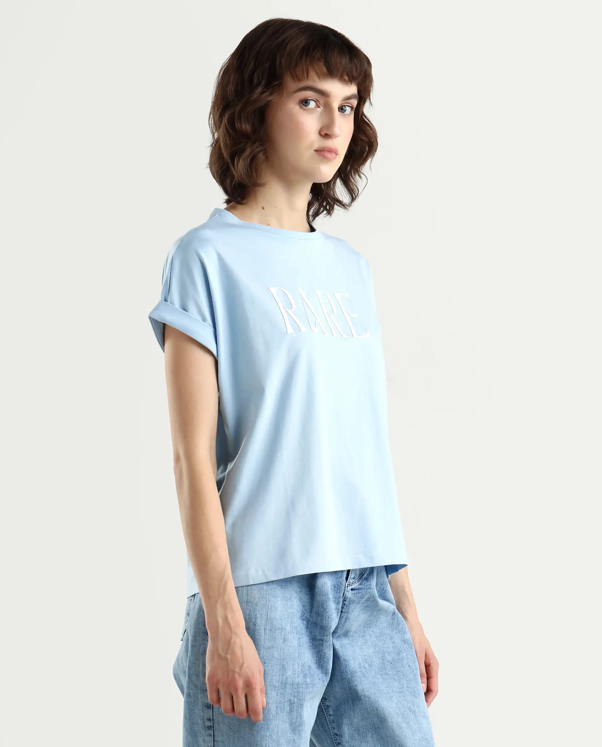 Rareism Women's Bhavi Light Blue Cotton Blend Crew Neck Typography Print Extended Sleeves Regular Fit T-Shirt