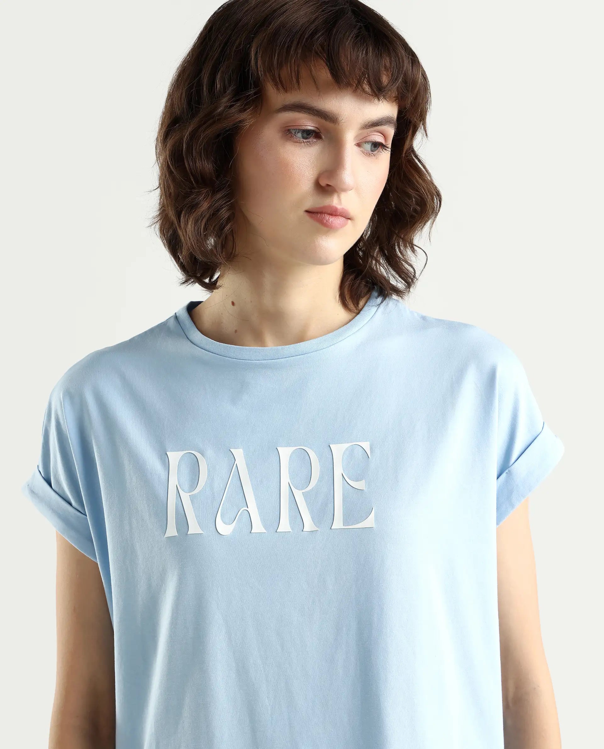 Rareism Women's Bhavi Light Blue Cotton Blend Crew Neck Typography Print Extended Sleeves Regular Fit T-Shirt