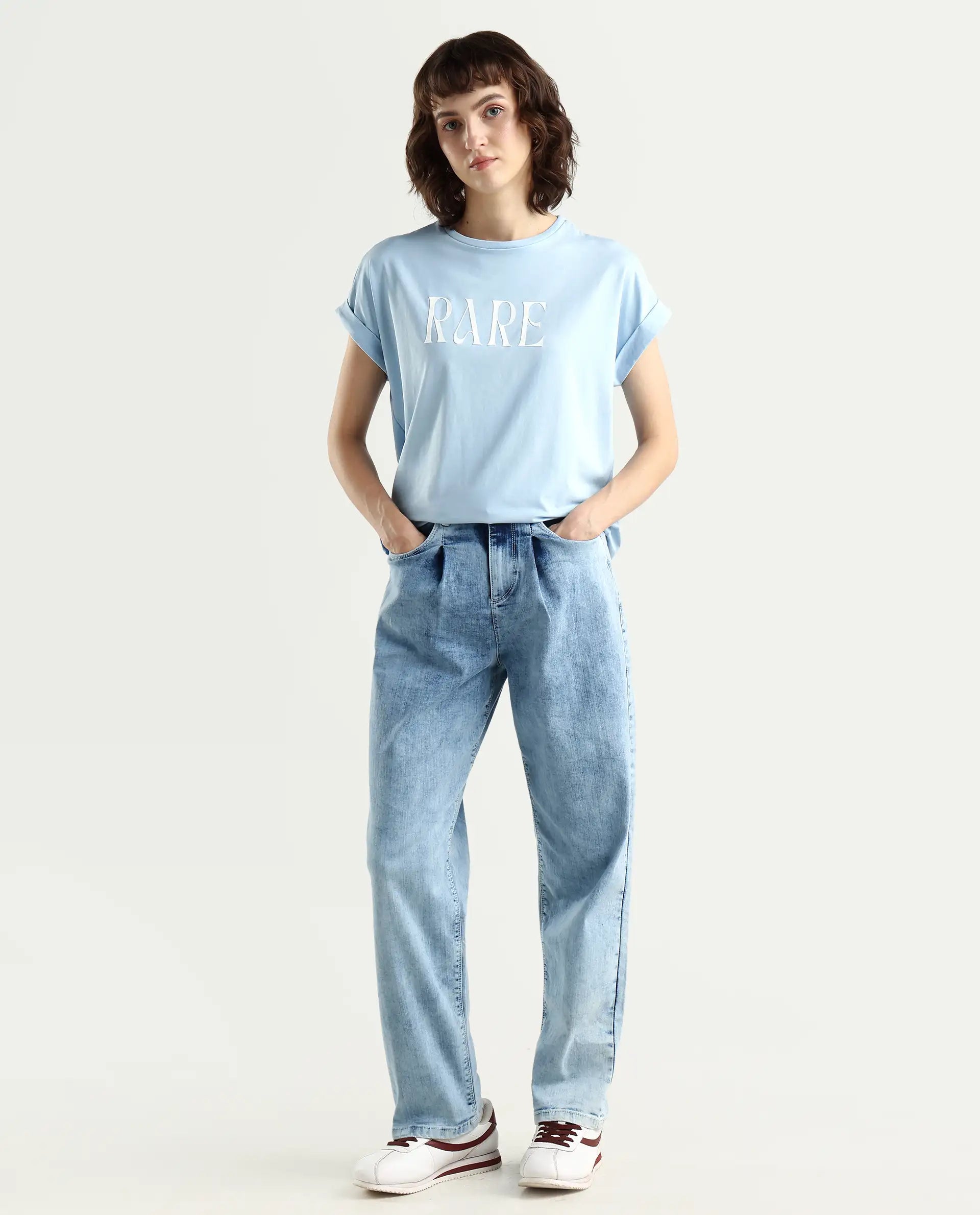 Rareism Women's Bhavi Light Blue Cotton Blend Crew Neck Typography Print Extended Sleeves Regular Fit T-Shirt