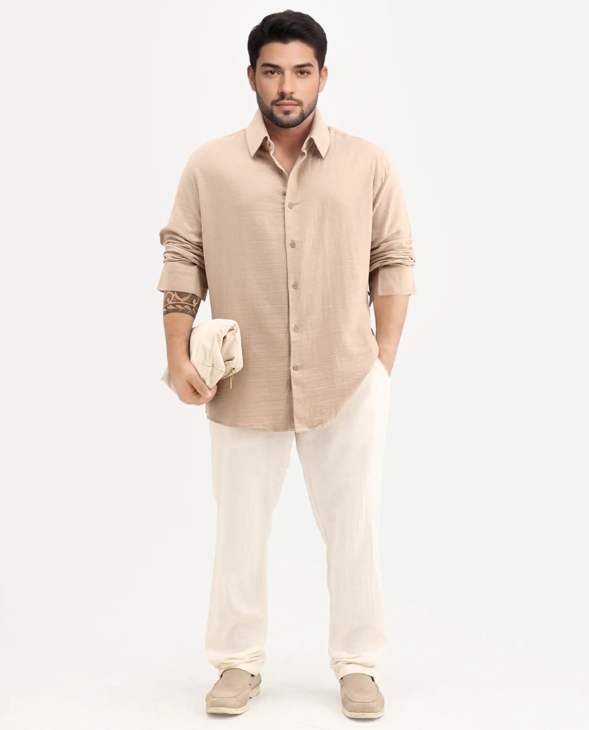 Rare Rabbit Men Enim-L Beige Cotton Fabric Full Sleeve Spread Collar Button Closure Relaxed Fit Plain Shirt