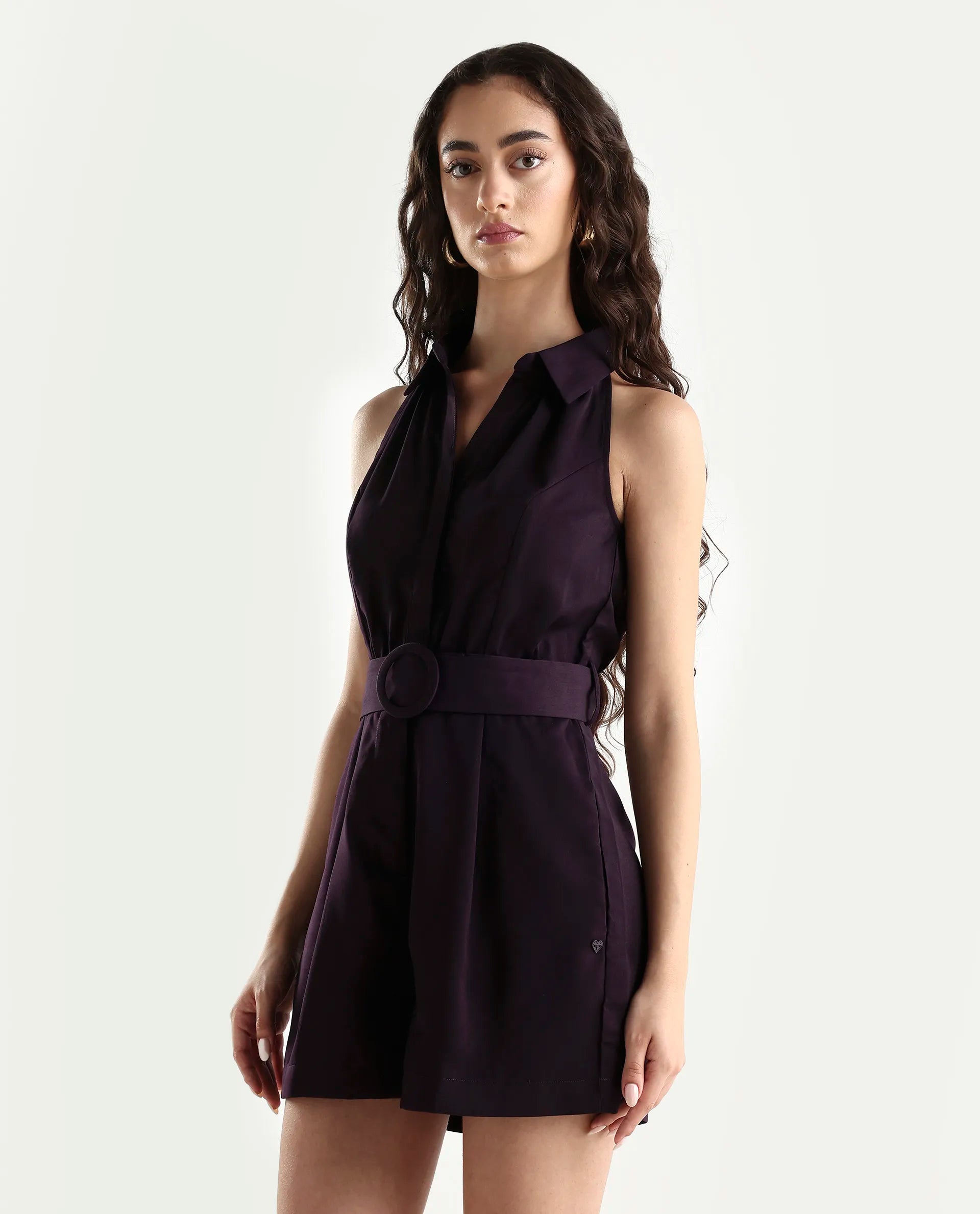 Rareism Women's Aless Maroon Satin Halter Neck Plain Sleeveless Mini Regular Fit Dress