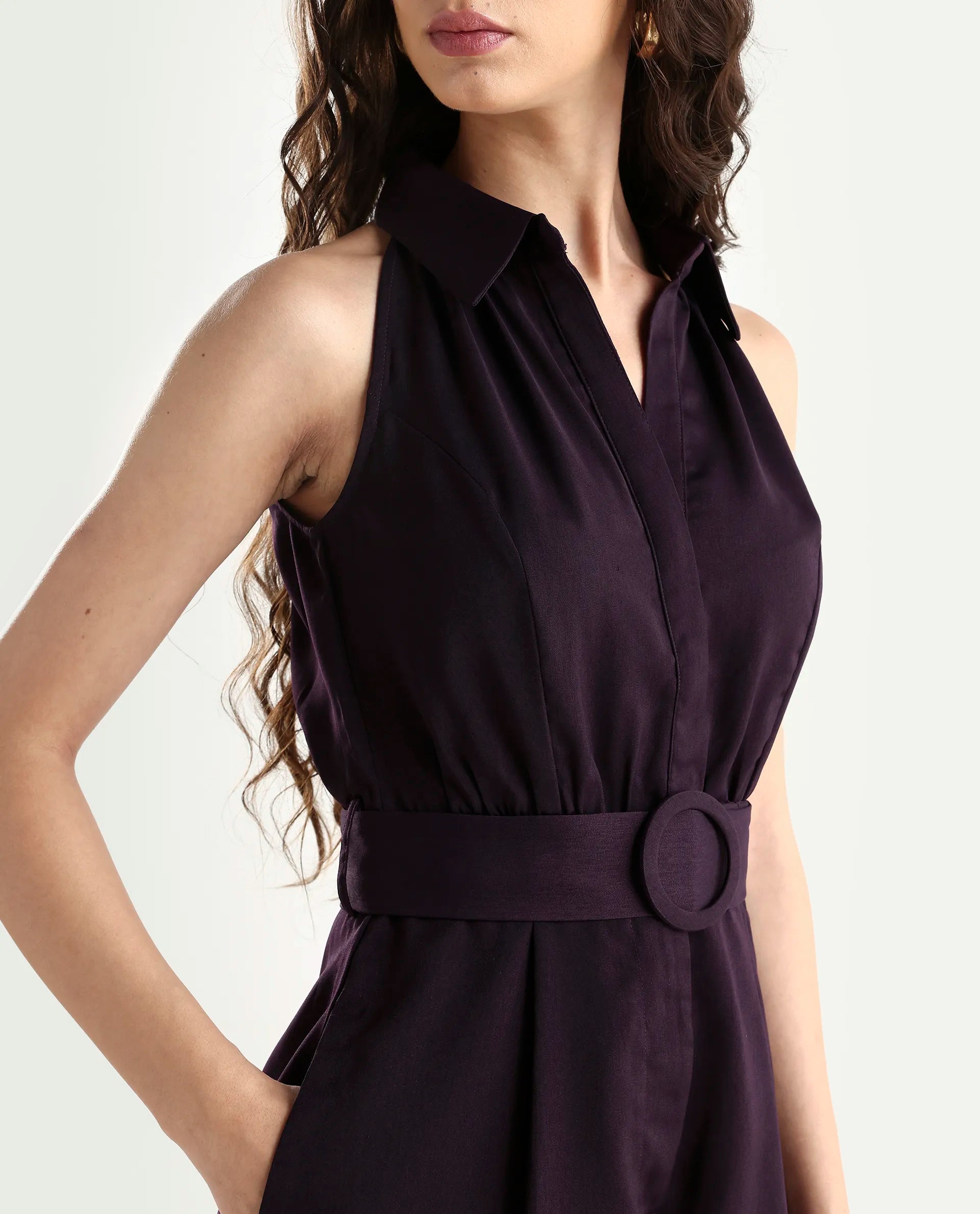 Rareism Women's Aless Maroon Satin Halter Neck Plain Sleeveless Mini Regular Fit Dress