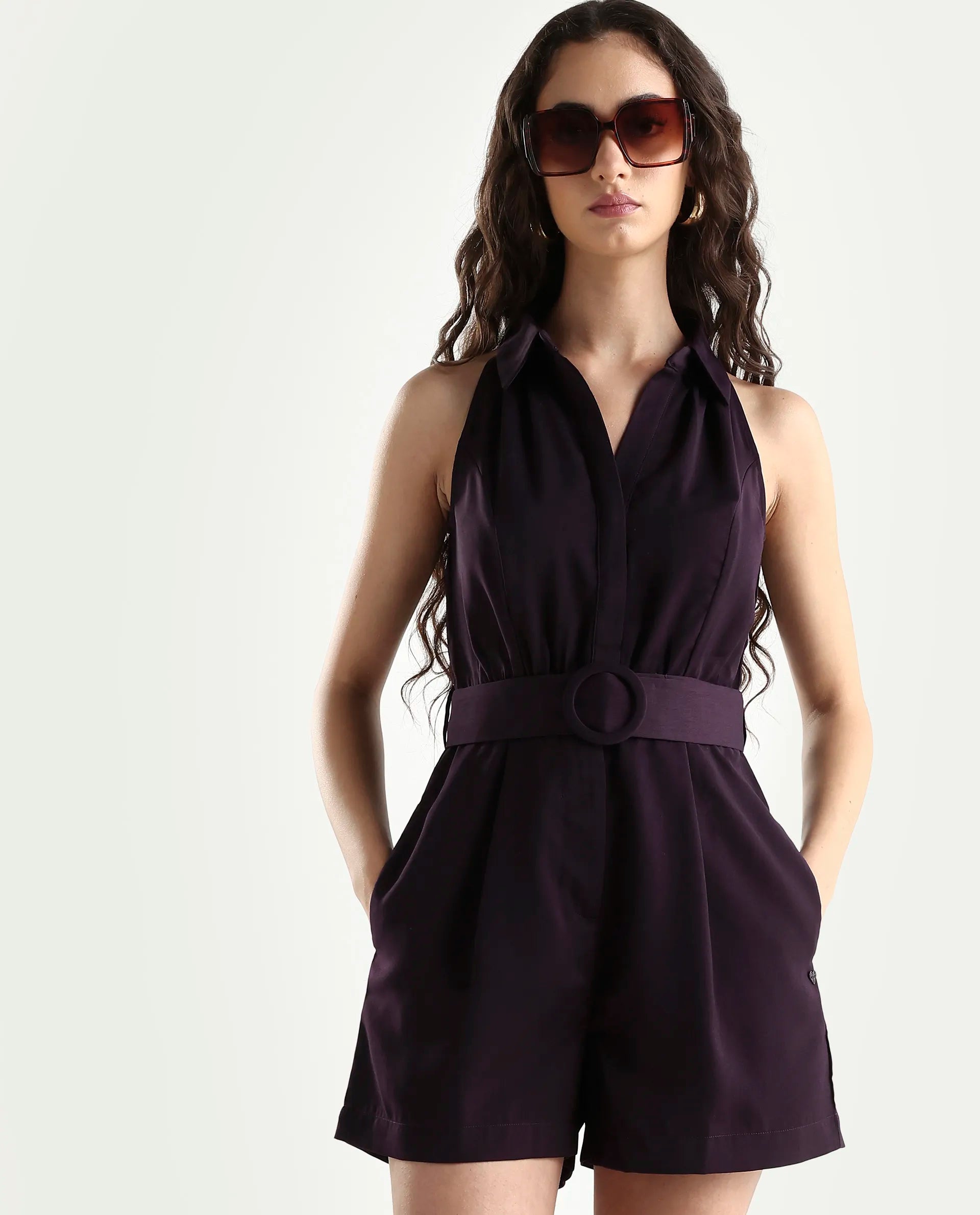 Rareism Women's Aless Maroon Satin Halter Neck Plain Sleeveless Mini Regular Fit Dress