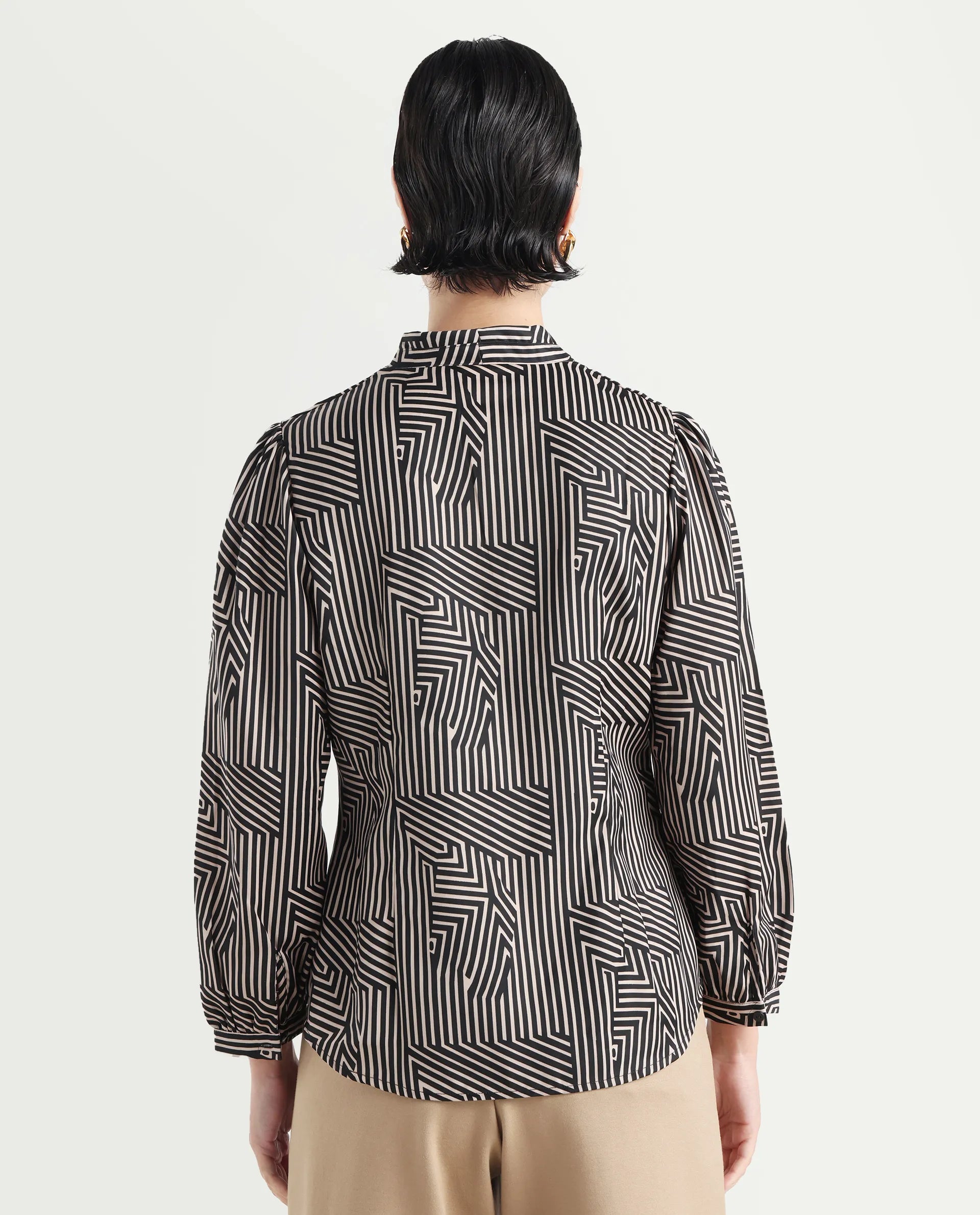 Rareism Women's Alie Black Satin Overlap Neck Geometric Print Bishop Sleeve Regular Fit Top