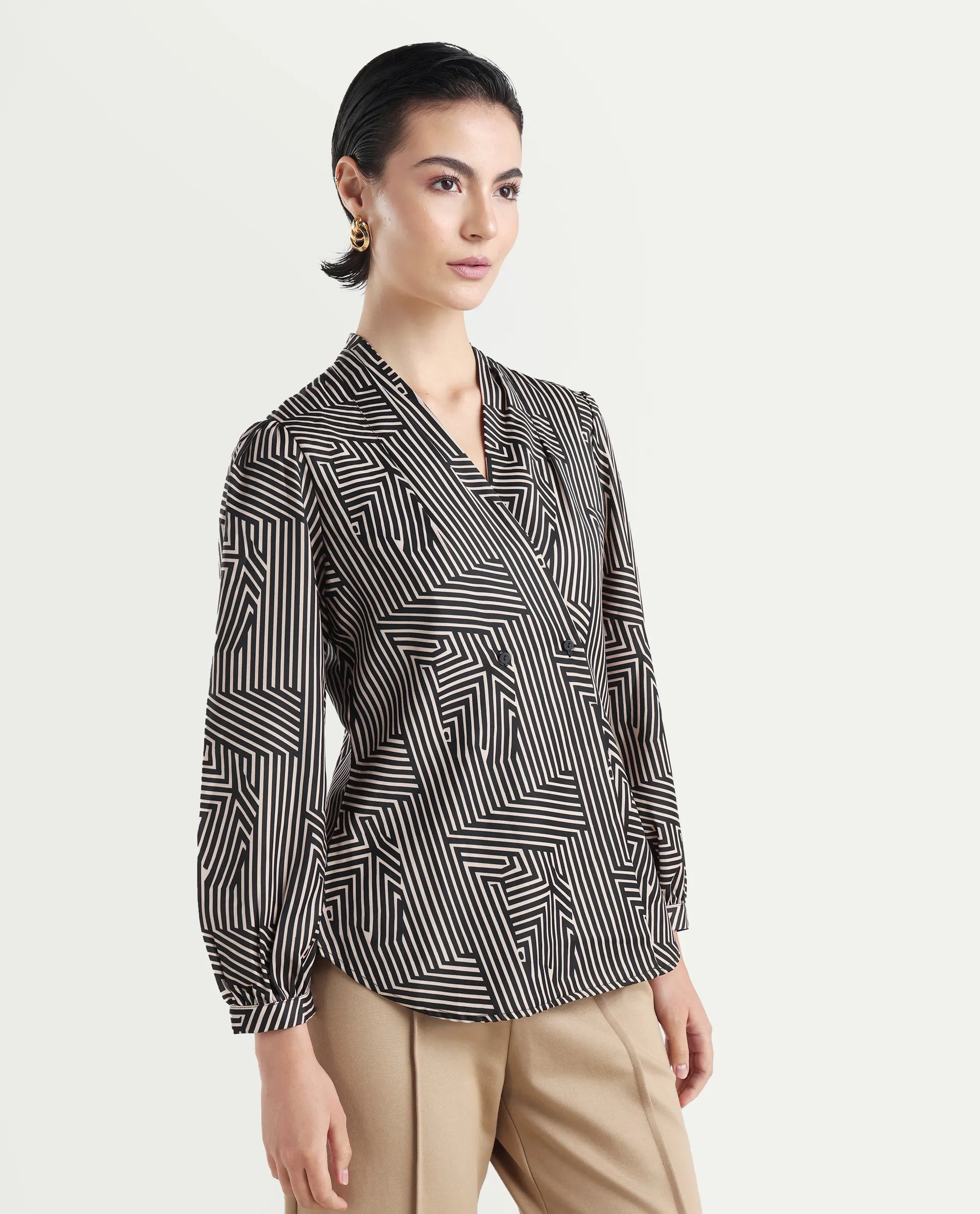 Rareism Women's Alie Black Satin Overlap Neck Geometric Print Bishop Sleeve Regular Fit Top