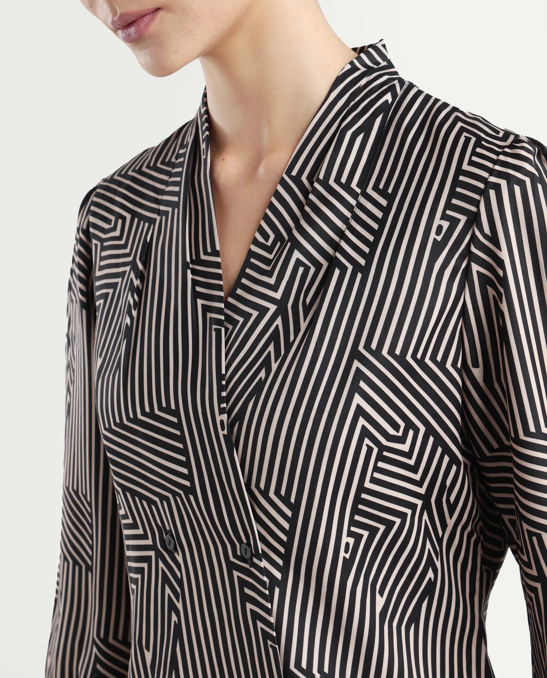 Rareism Women's Alie Black Satin Overlap Neck Geometric Print Bishop Sleeve Regular Fit Top