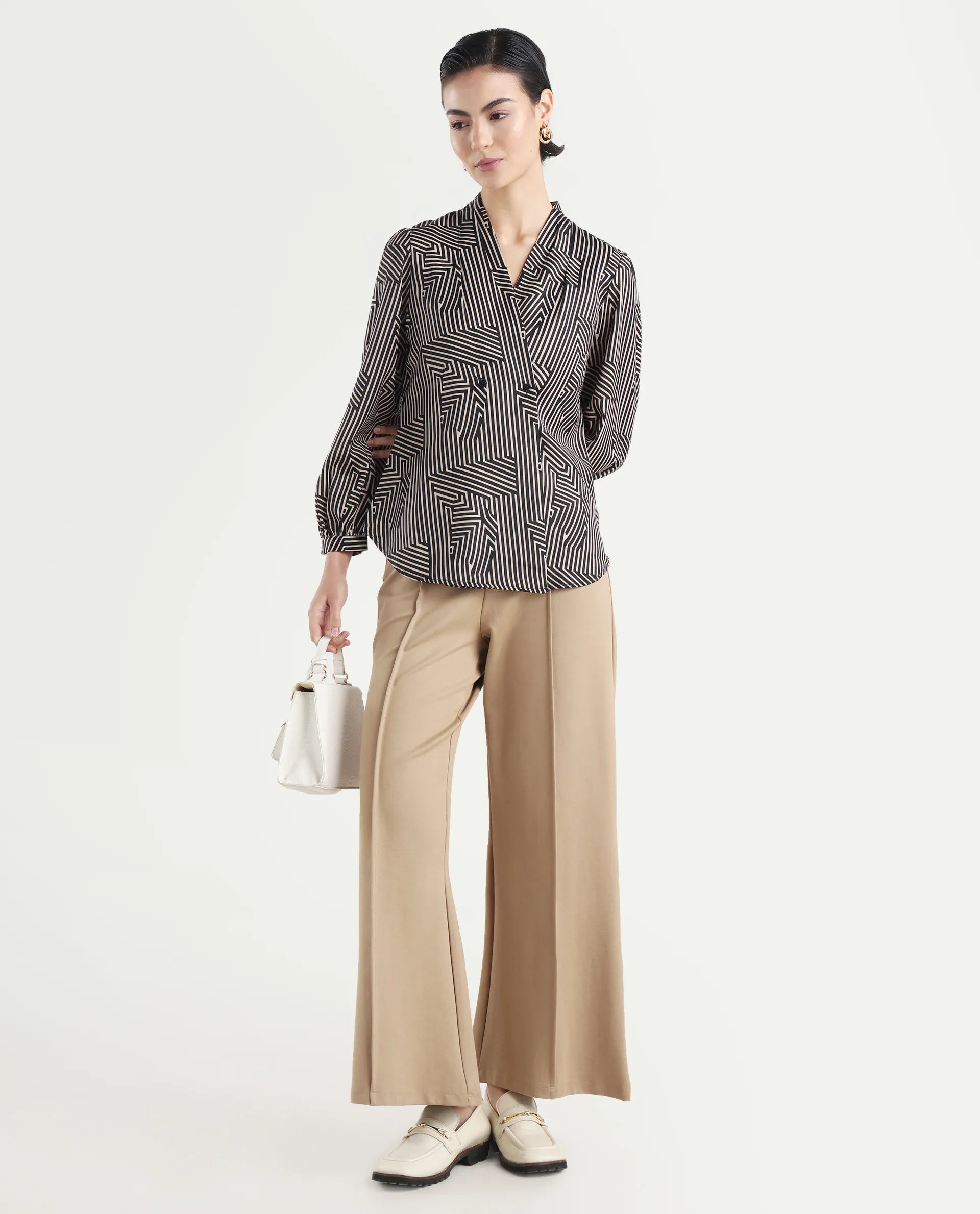 Rareism Women's Alie Black Satin Overlap Neck Geometric Print Bishop Sleeve Regular Fit Top