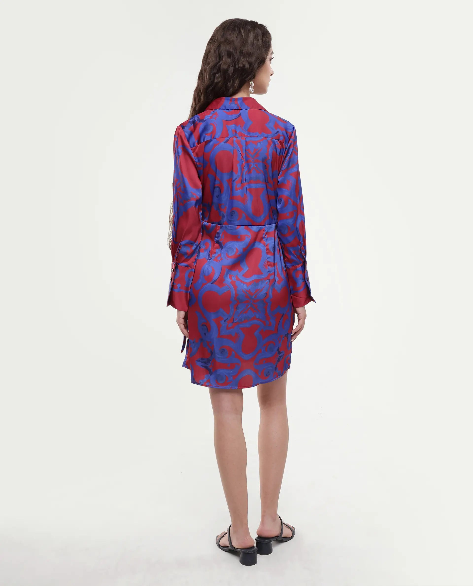 Rareism Women's Cager Red Polyester Blend Drop Collar Abstract Print Cuffed Sleeve Mini Wrap Dress