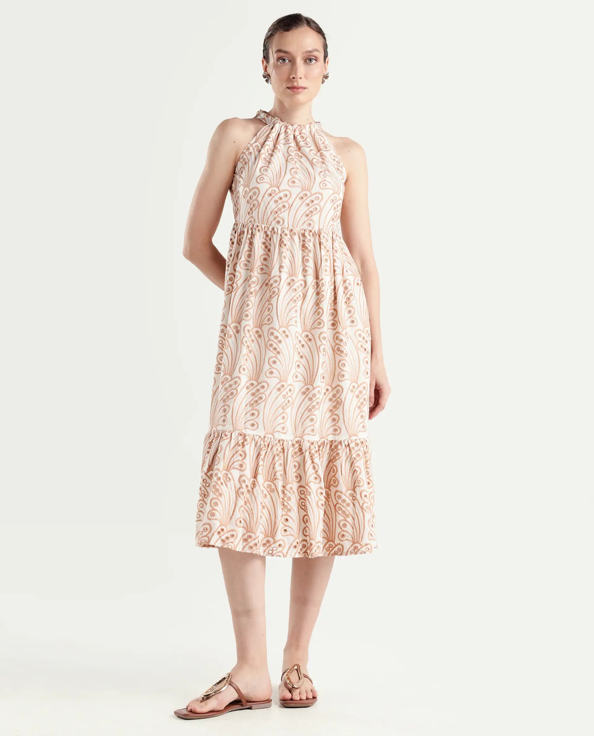 Rareism Women's Chalco Beige Cotton Blend Halter Neck Schiffli Sleeveless Maxi Fit And Flare Dress